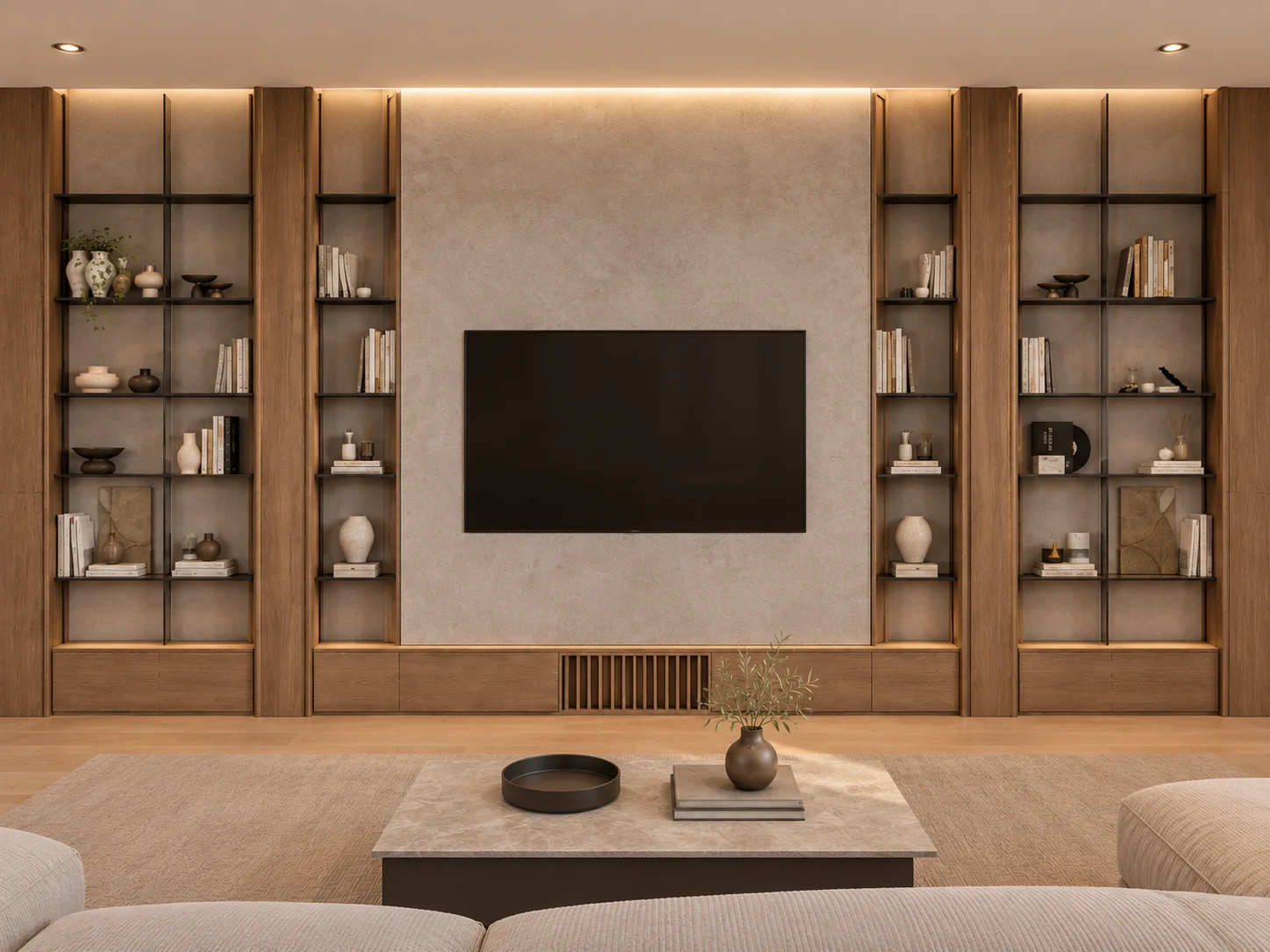 Family lounge television wall framed by timber cabinetry and open shelves