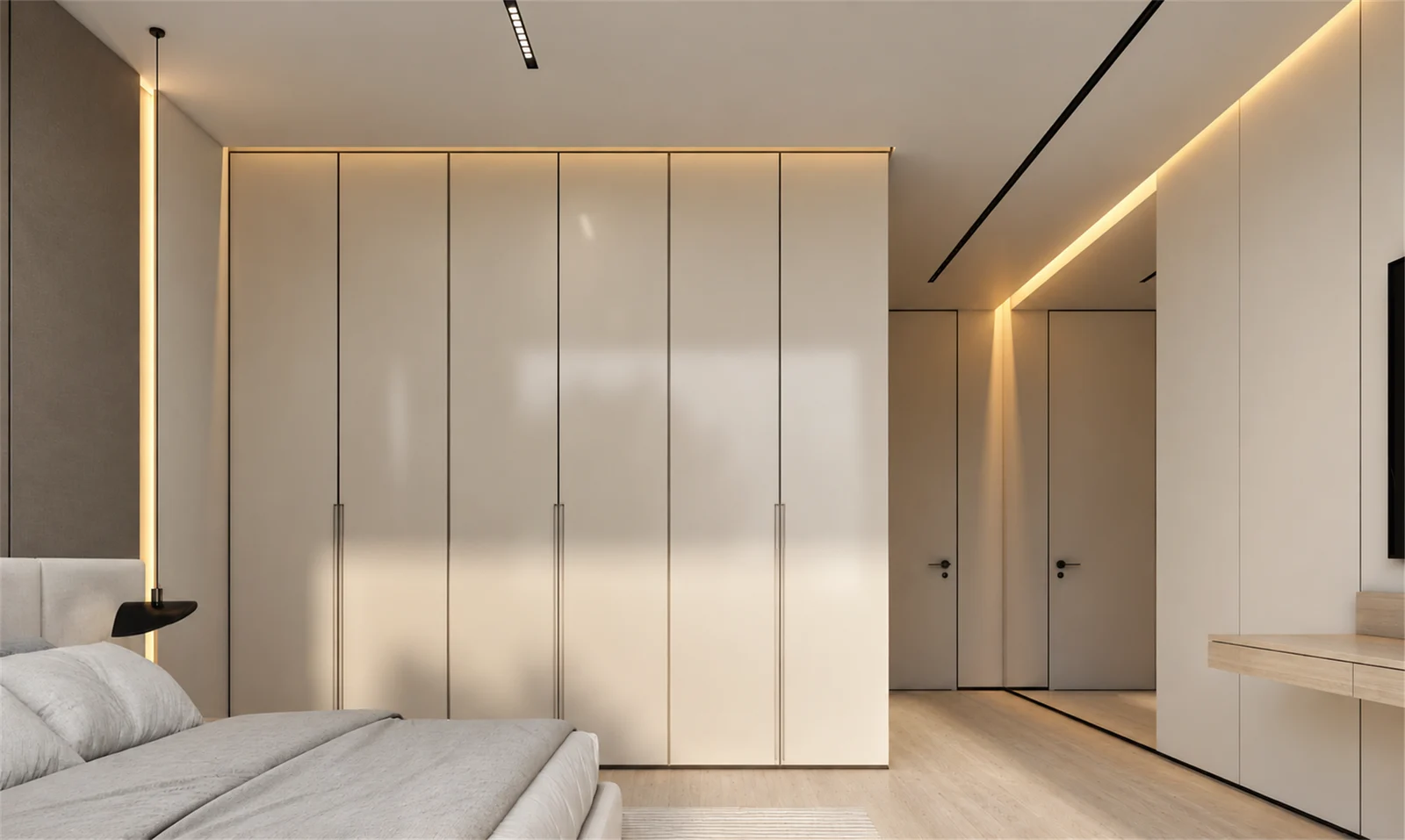 Bedroom wardrobes & softly lit wall panels