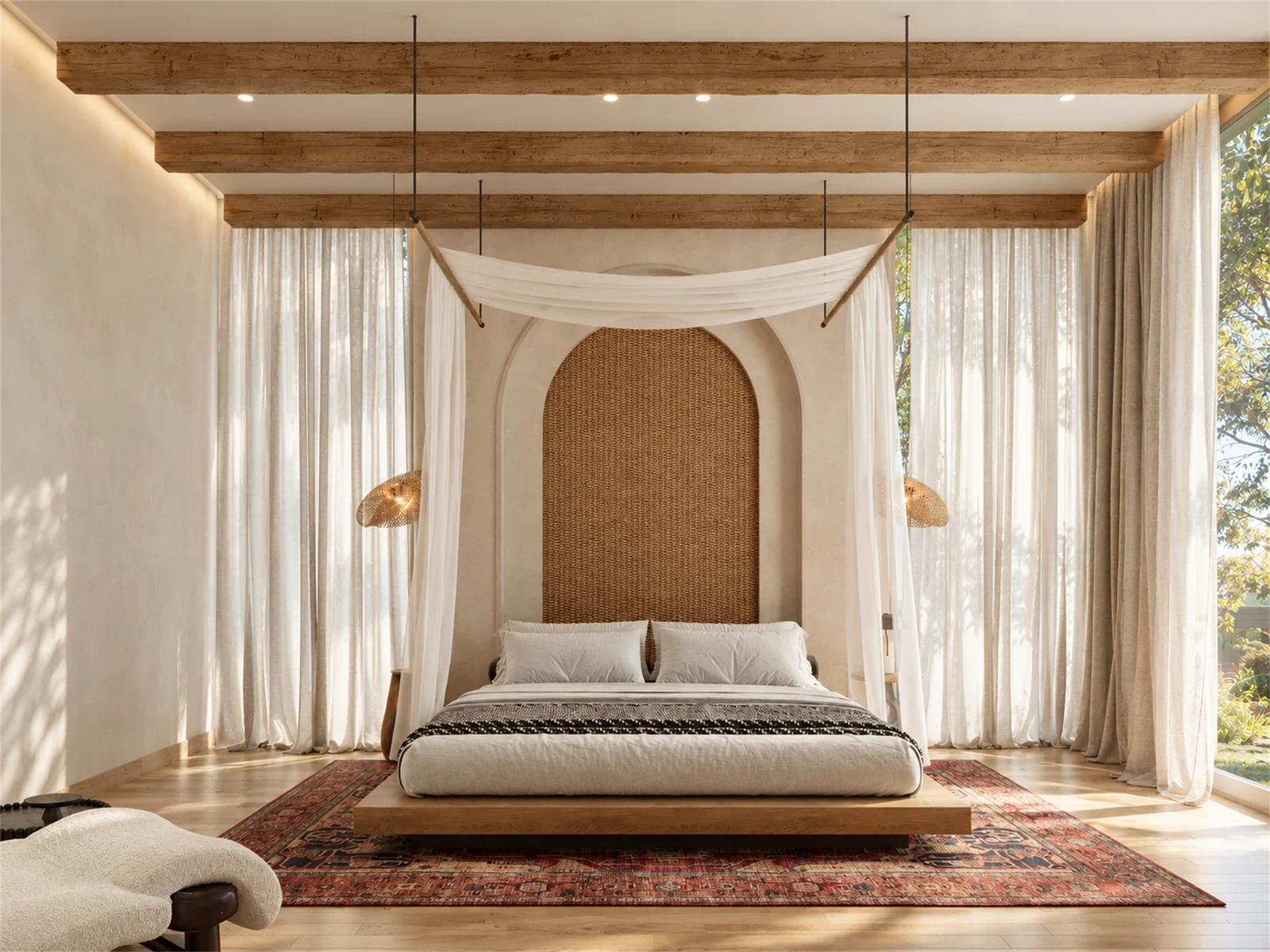 Main bedroom with canopy & timber beams