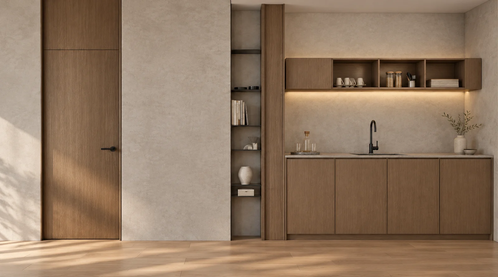 Family lounge kitchenette with timber cabinetry and softly lit open storage