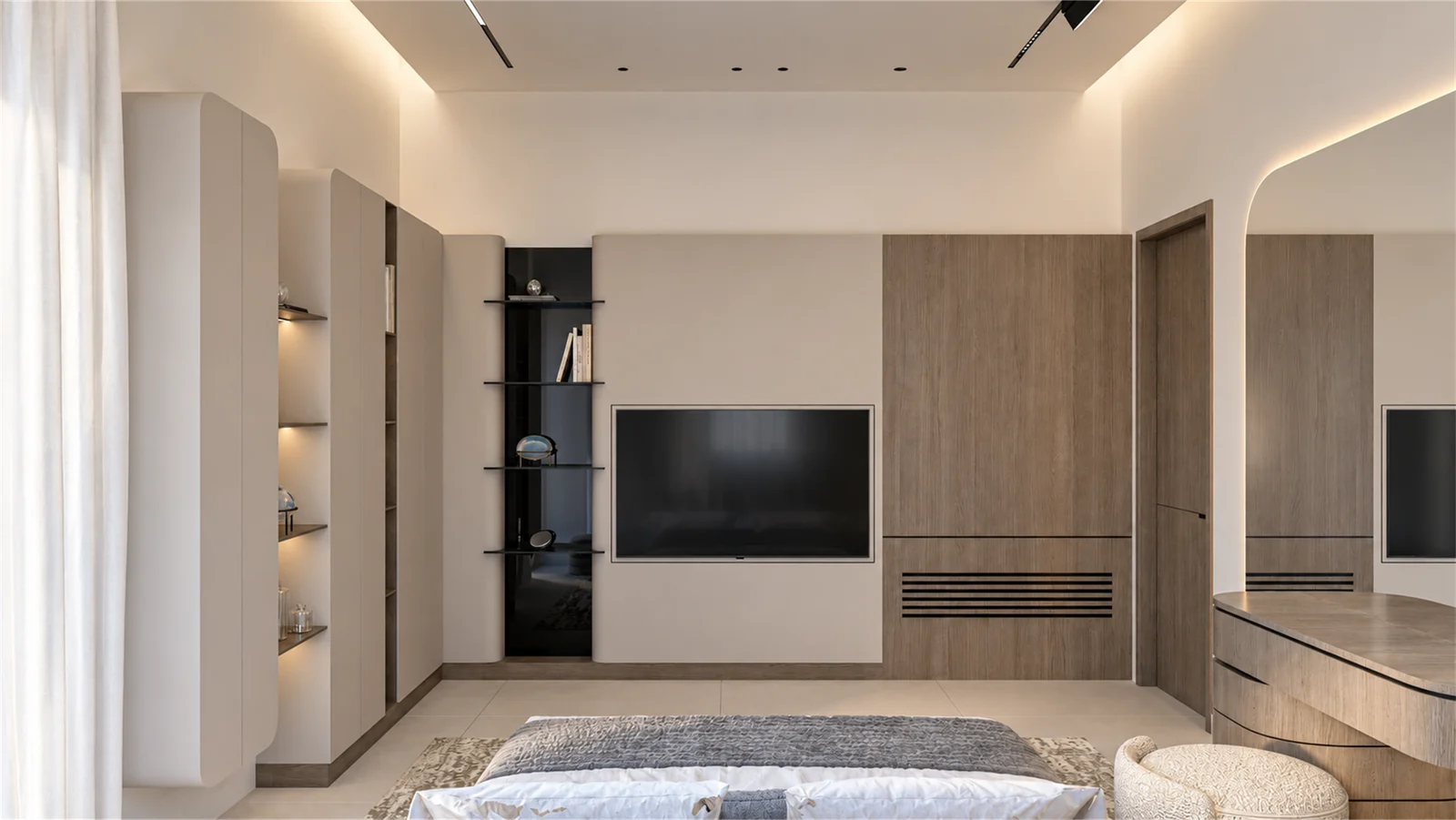 Integrated TV wall & timber dressing area