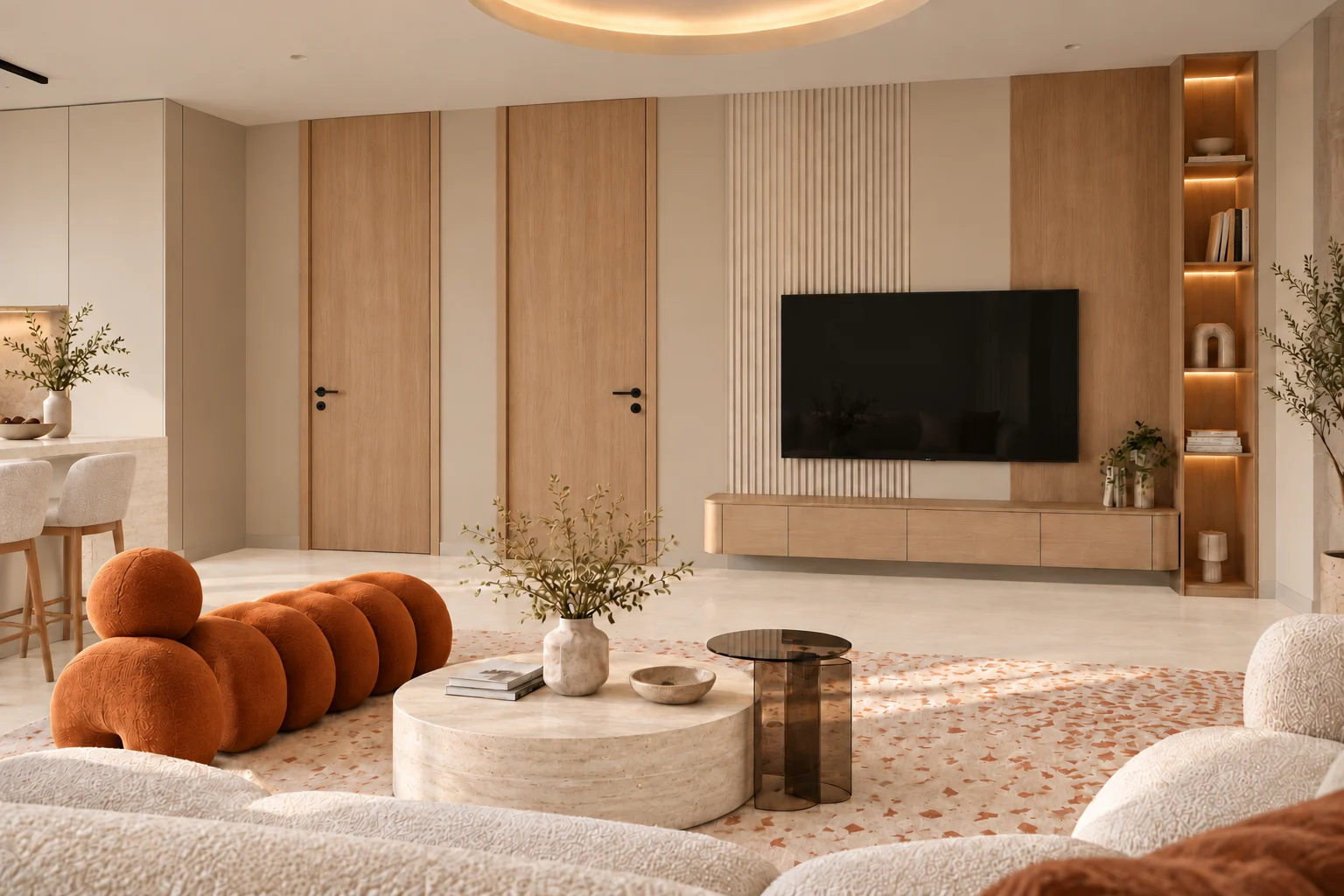 Living room TV wall with timber panels & illuminated shelving