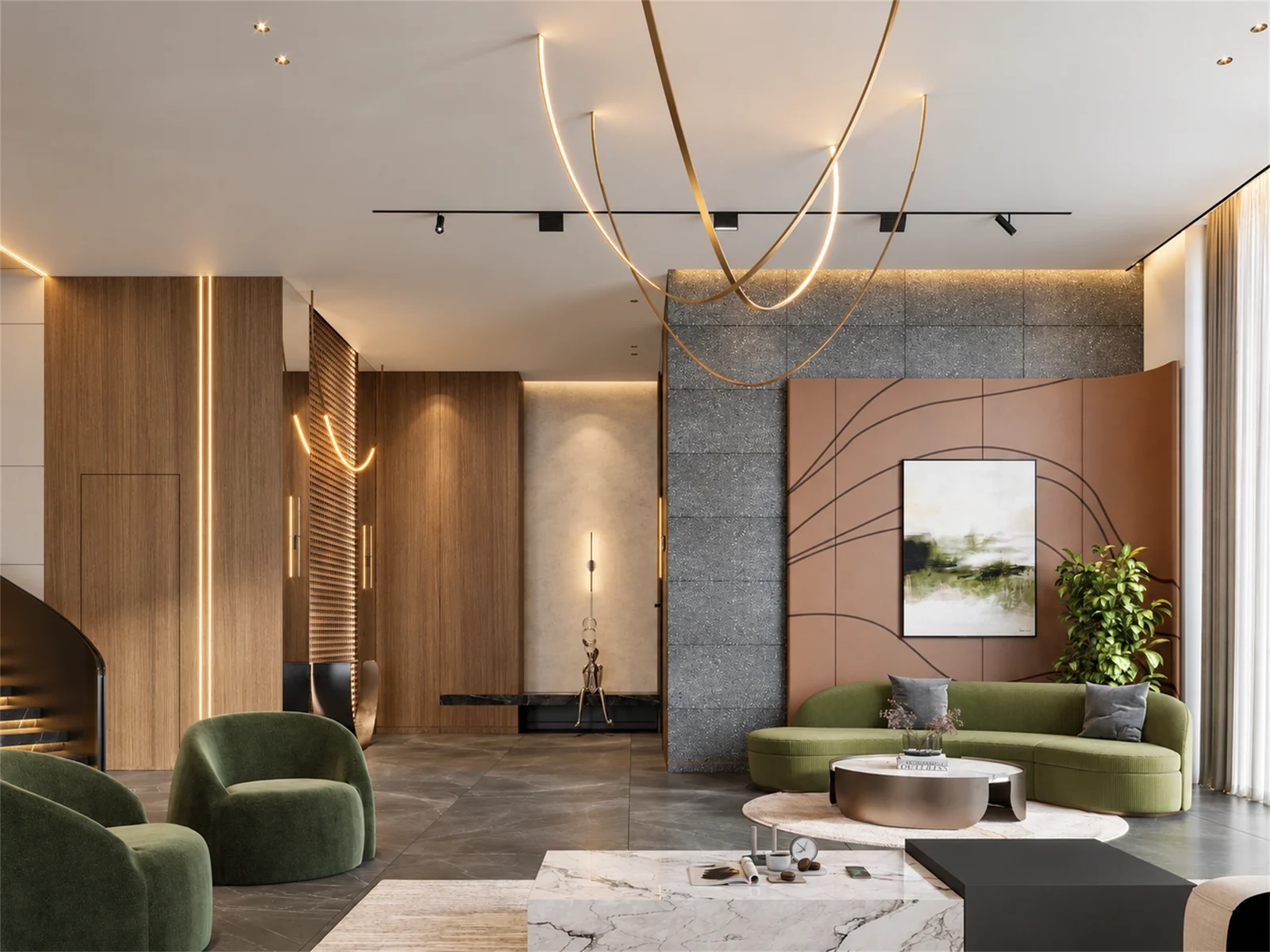 Olive-green seating & geometric feature wall