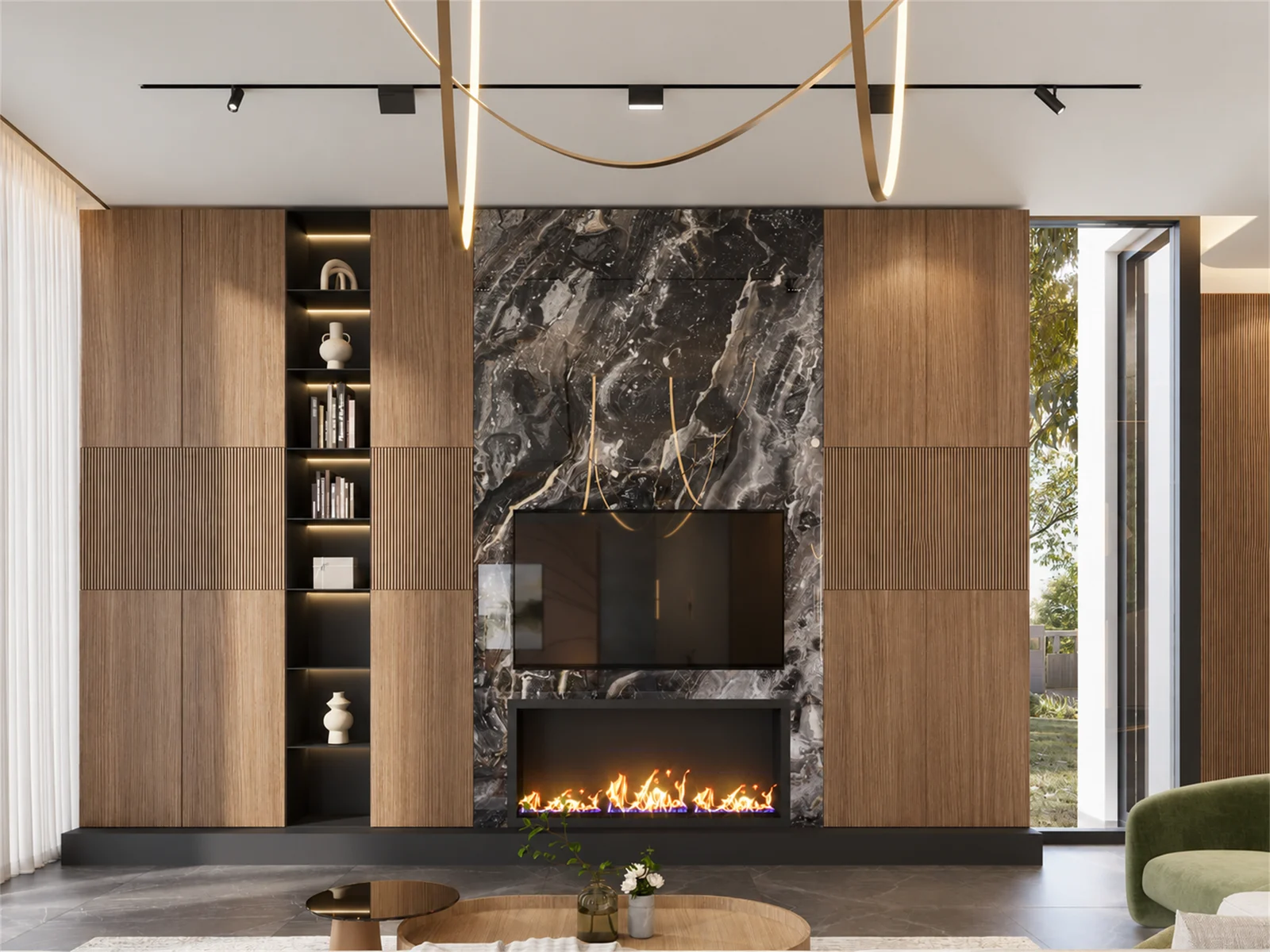 Veined stone fireplace & integrated TV wall