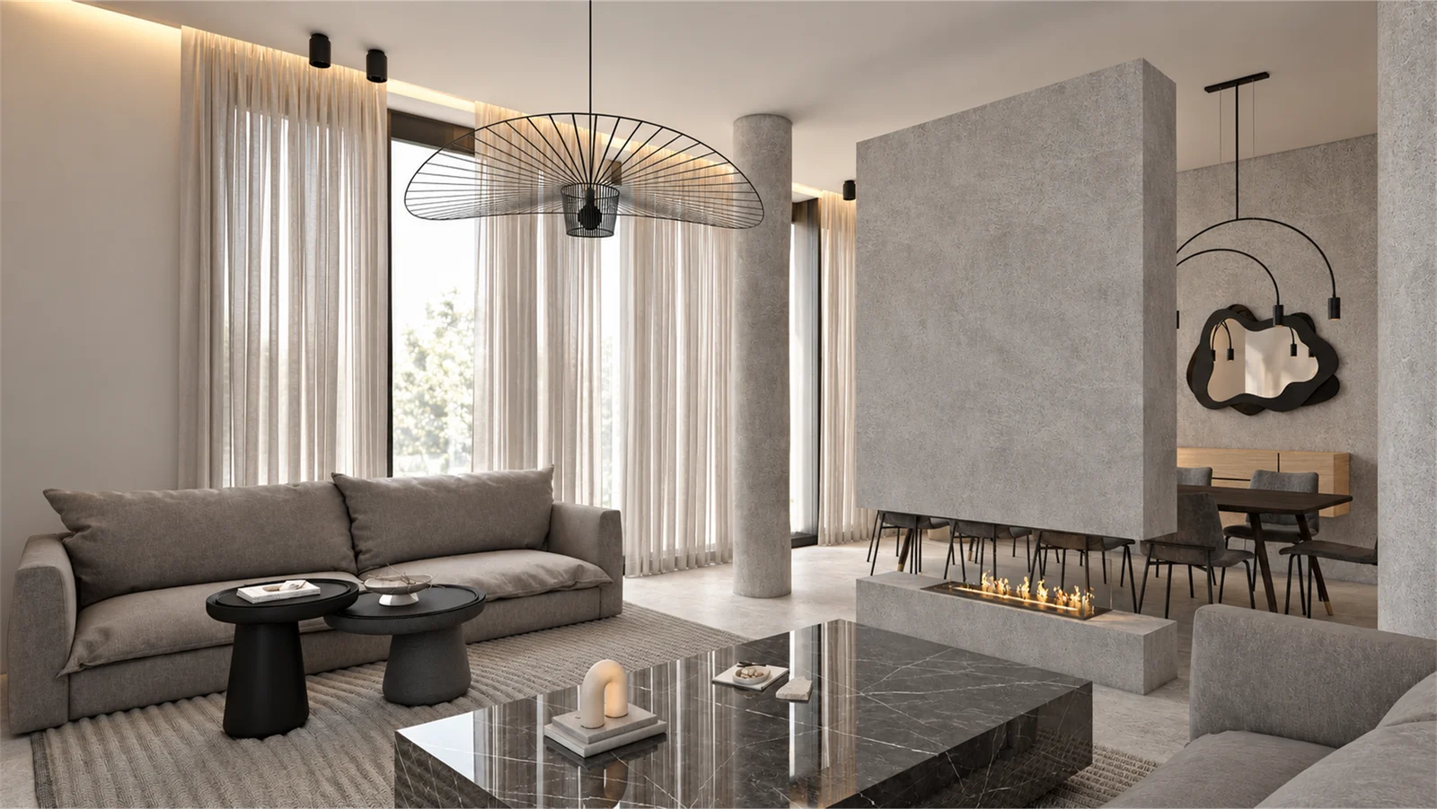 Living room with a suspended fireplace divider & sculptural pendant