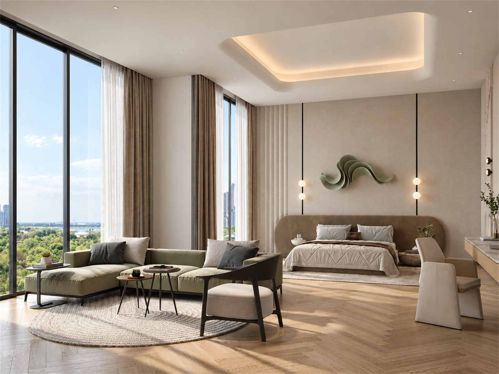 Main suite overview with floor-to-ceiling windows