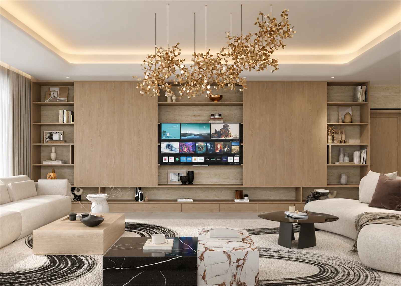 Majlis TV wall with timber cabinetry & open display shelves