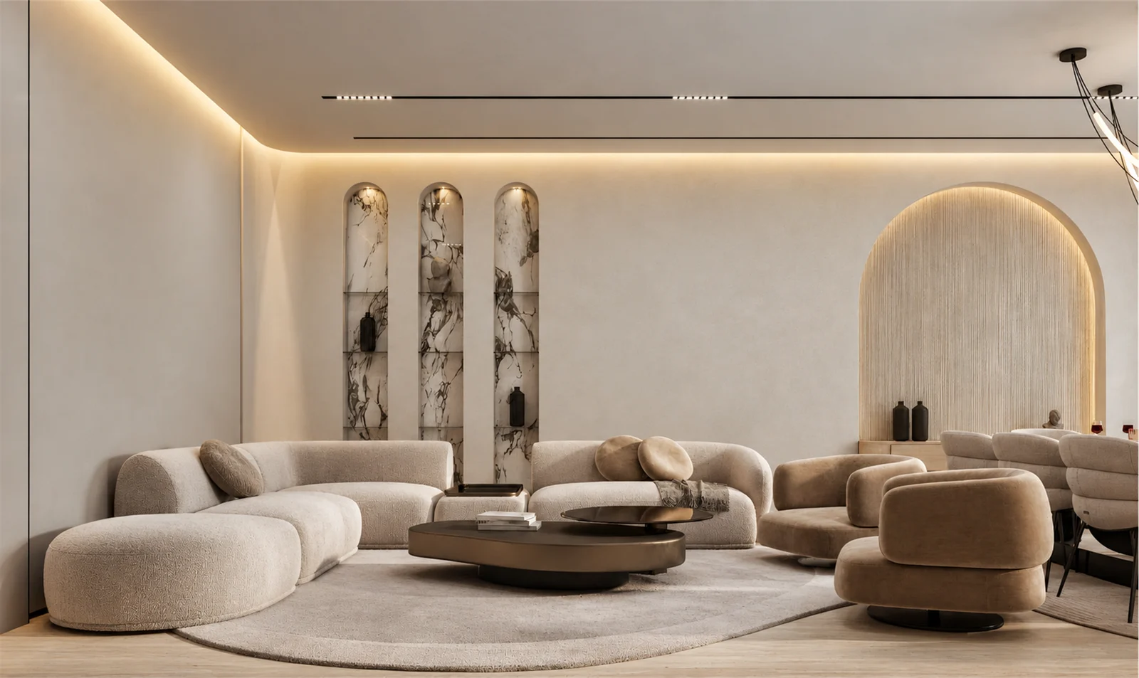 Curved lounge seating & arched display niches