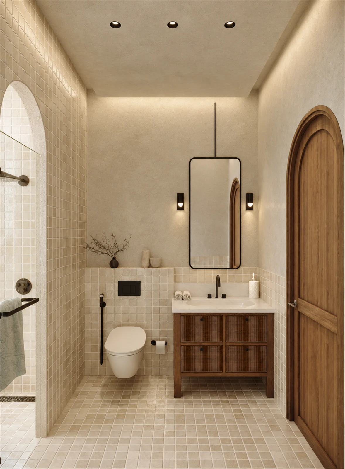 Timber vanity & arched bathroom door