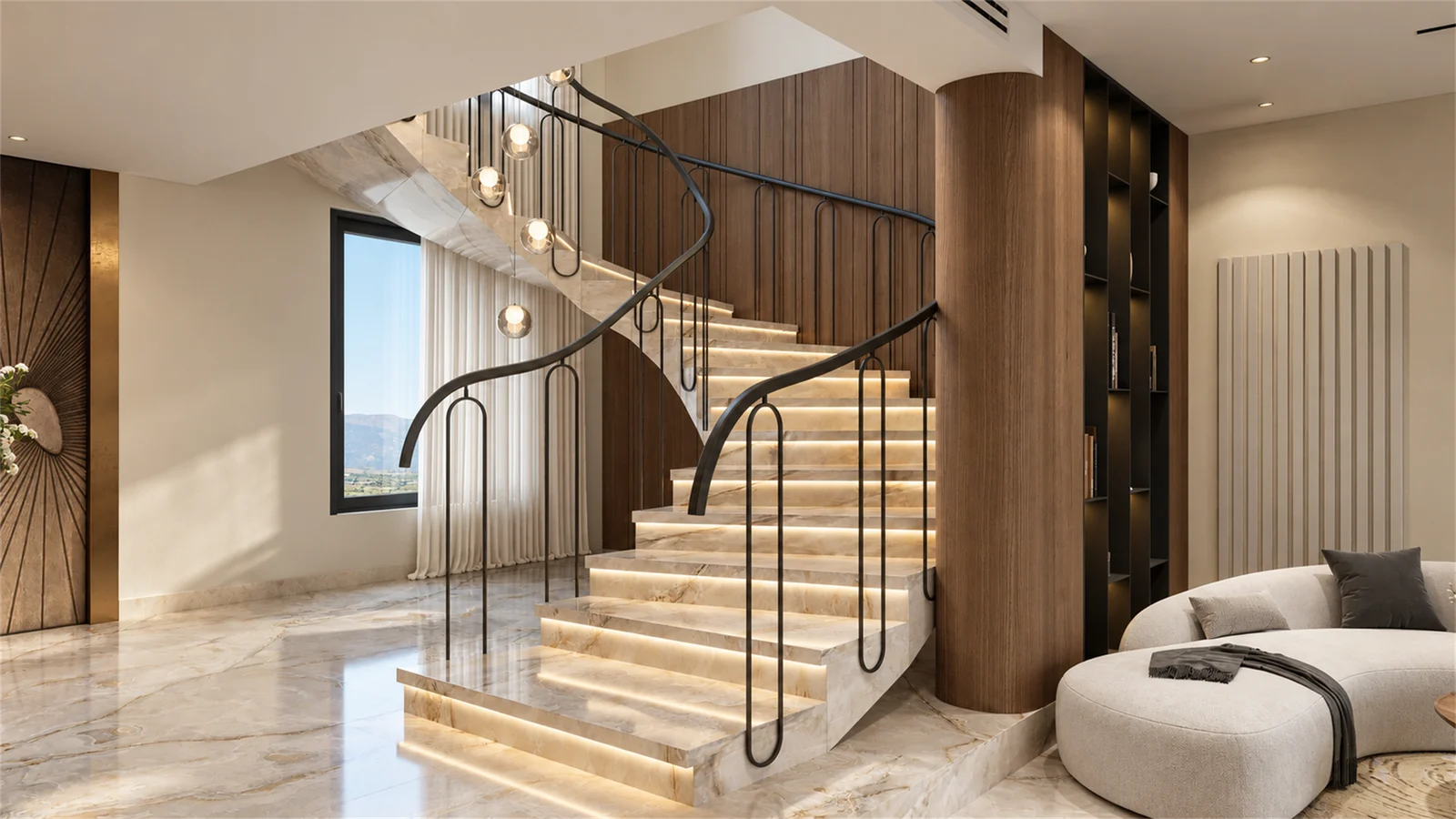 Illuminated staircase & curved balustrade