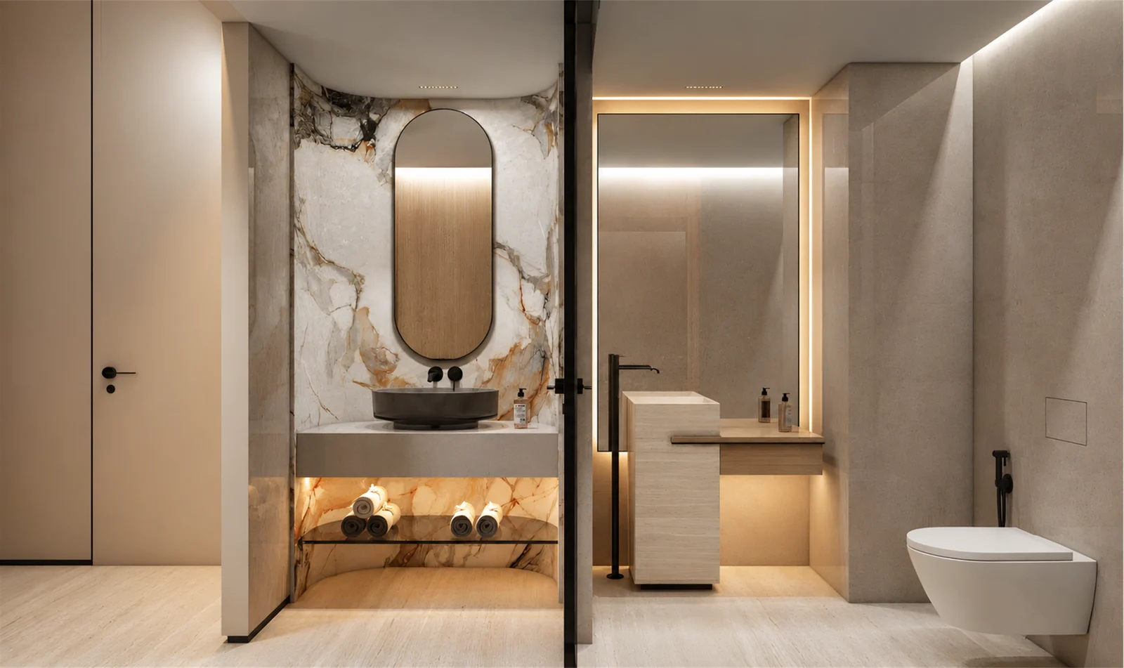 Bathroom vanity with a veined stone backdrop