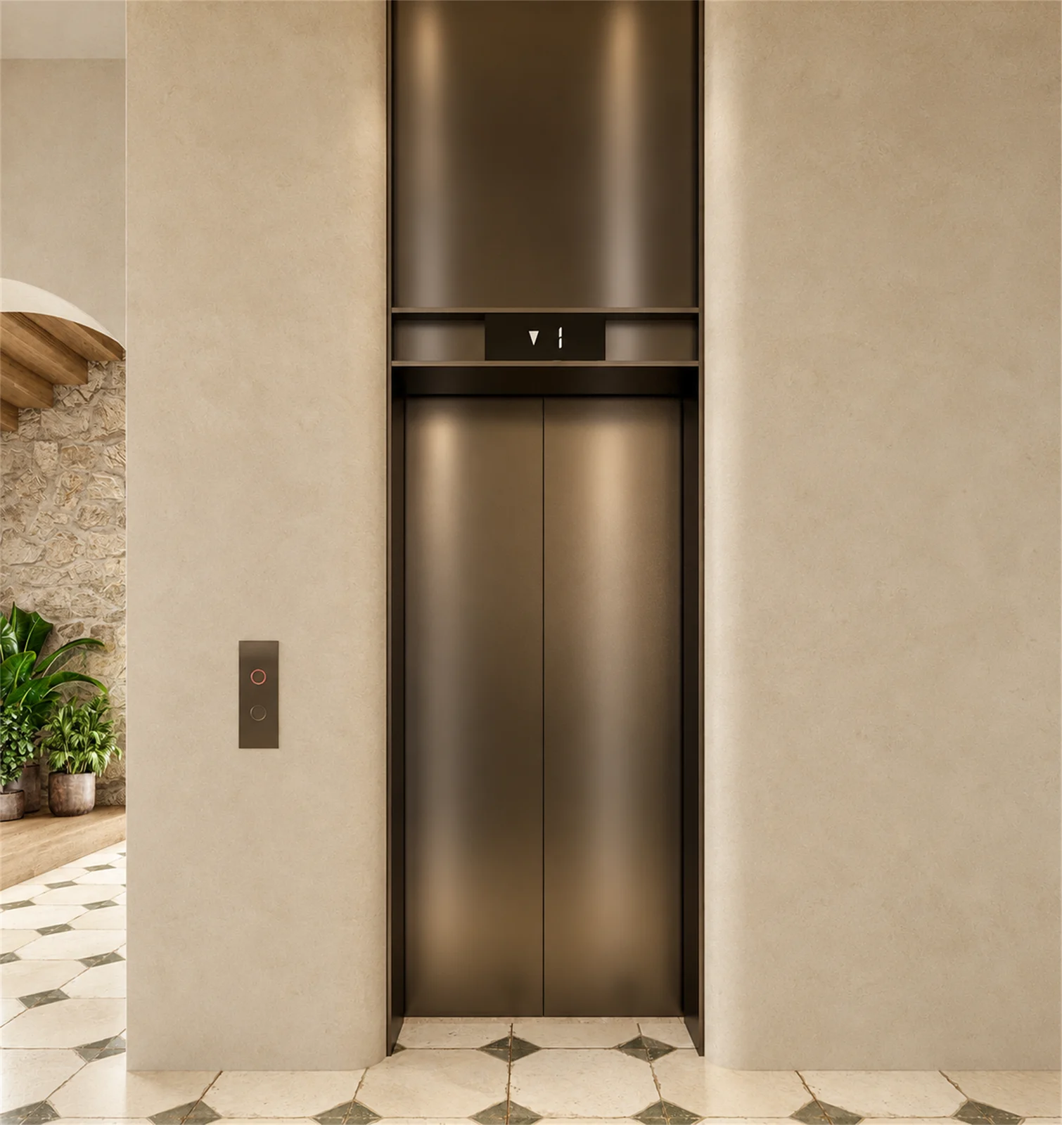 Lift entrance & warm neutral finishes