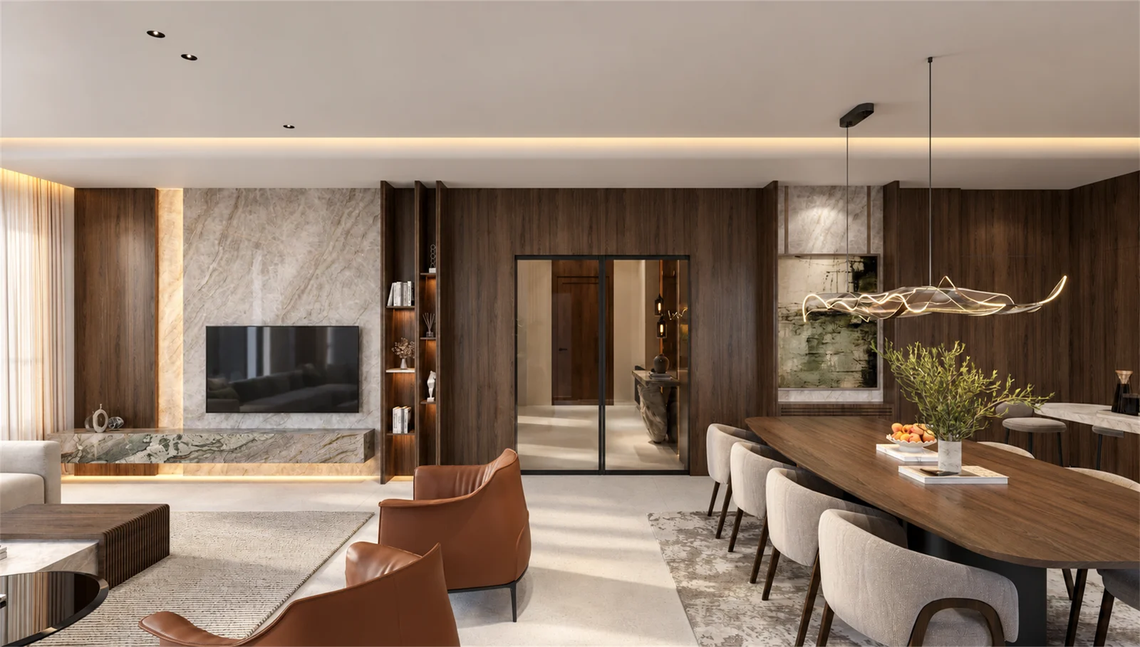 View across the living and dining spaces towards the timber-lined entrance