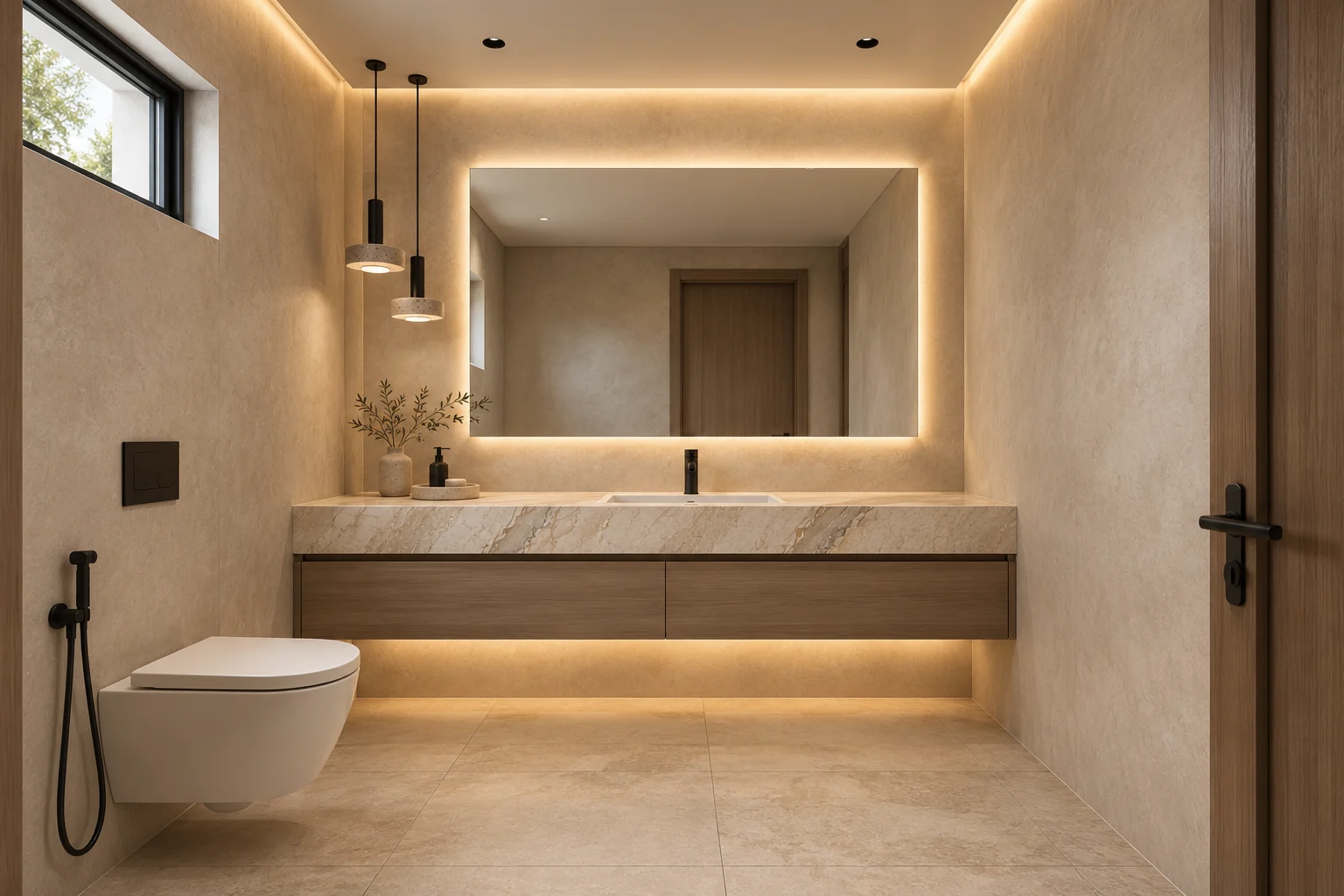 Guest washroom with a floating stone-topped vanity and backlit mirror