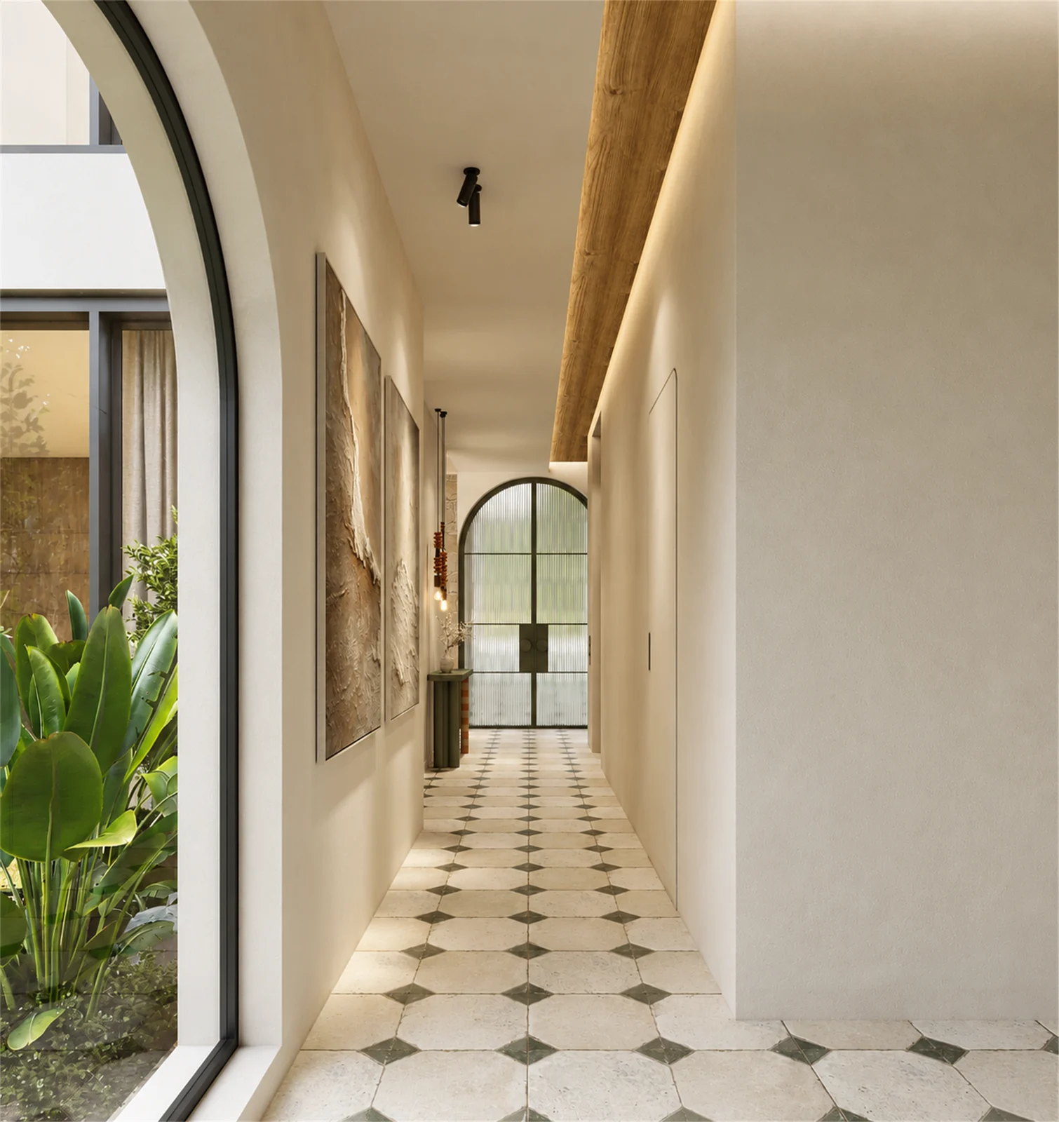 Glazed corridor overlooking the garden