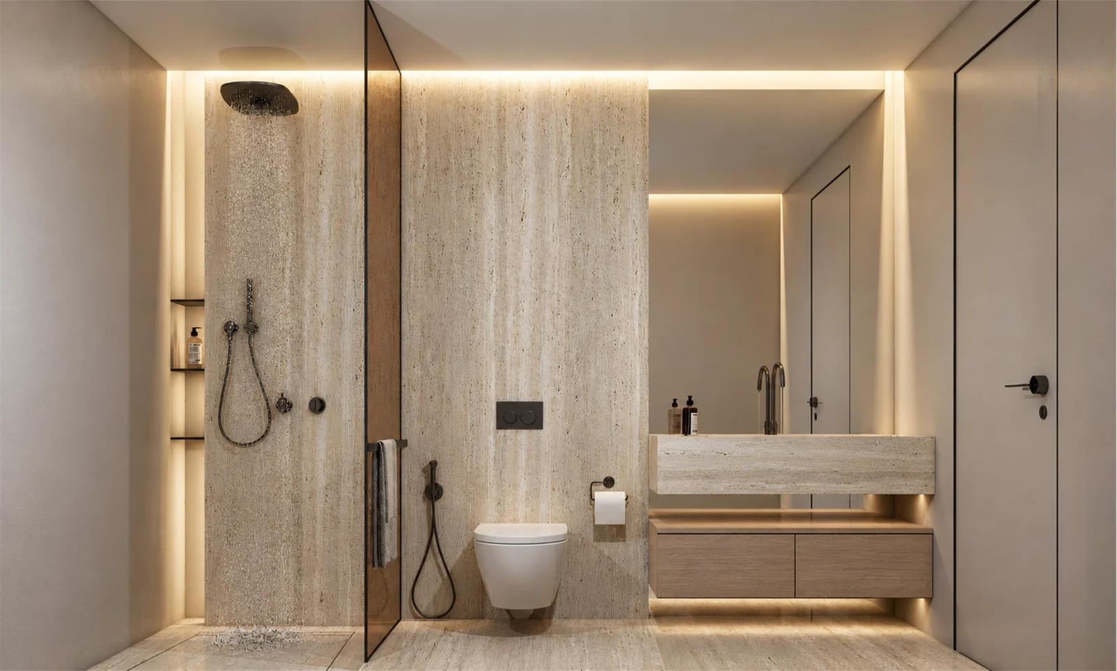 Bathroom with floating vanity & glazed shower