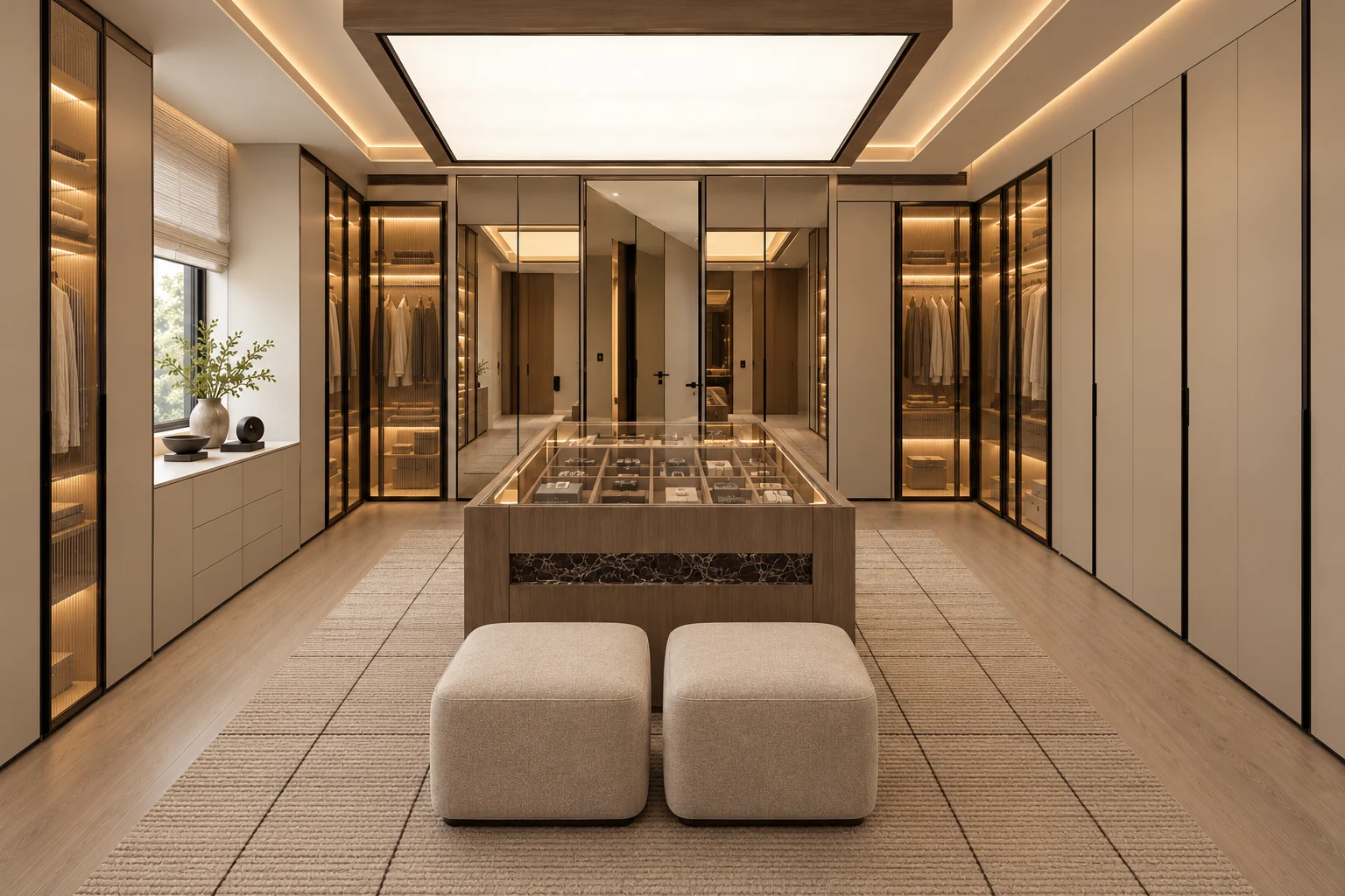 Dressing room with mirrored doors, a central display island and upholstered stools