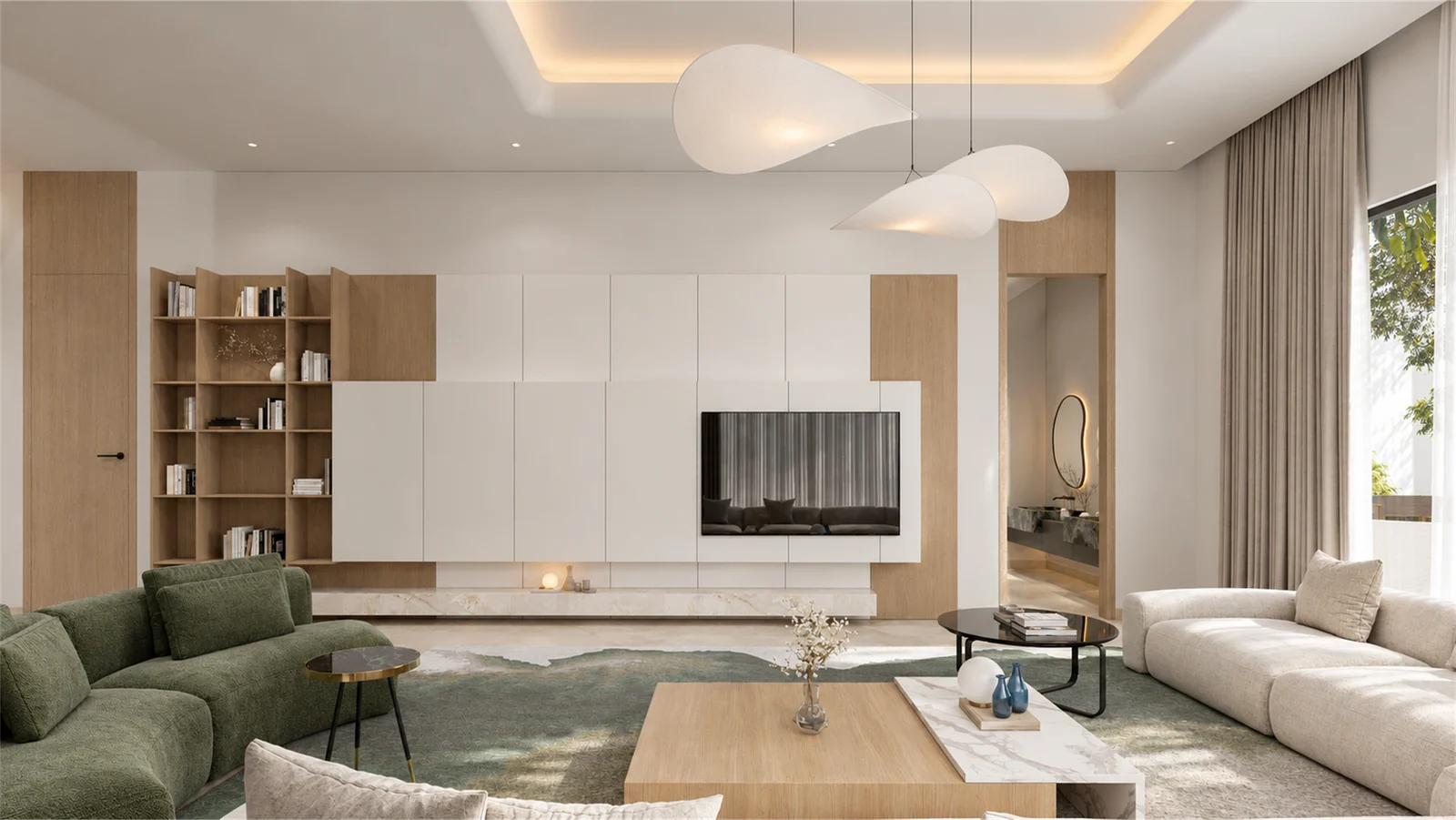 Family lounge TV cabinetry with open timber shelving