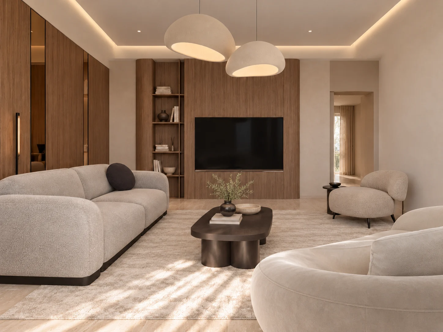 Living room TV wall with integrated shelving & sculptural pendants