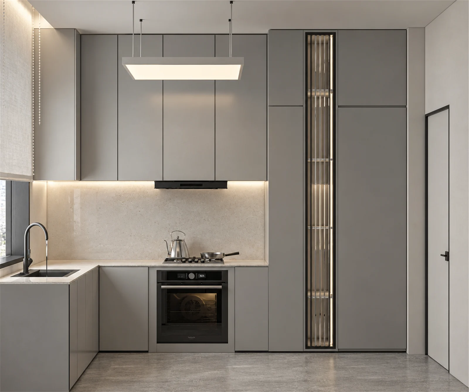 Kitchen cooking wall with full-height storage & an illuminated display niche