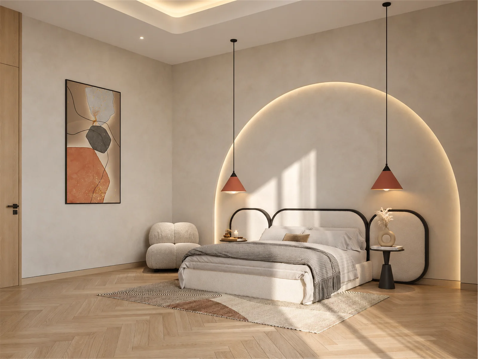 Arched headboard feature & sculptural bedroom armchair