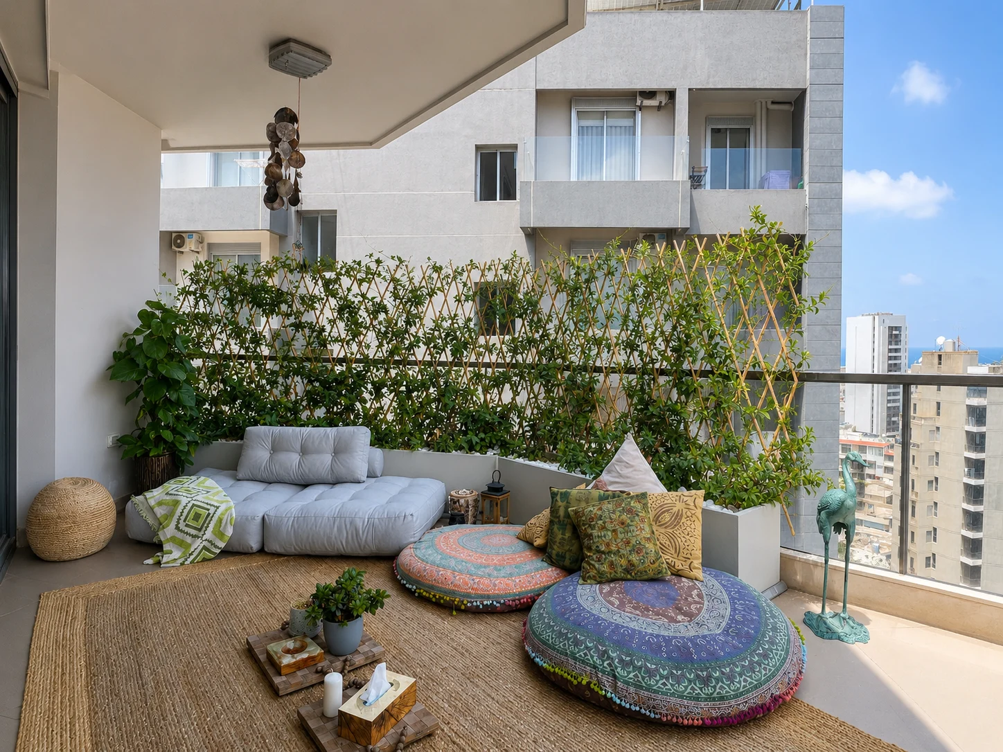 Layered floor cushions & planted screening