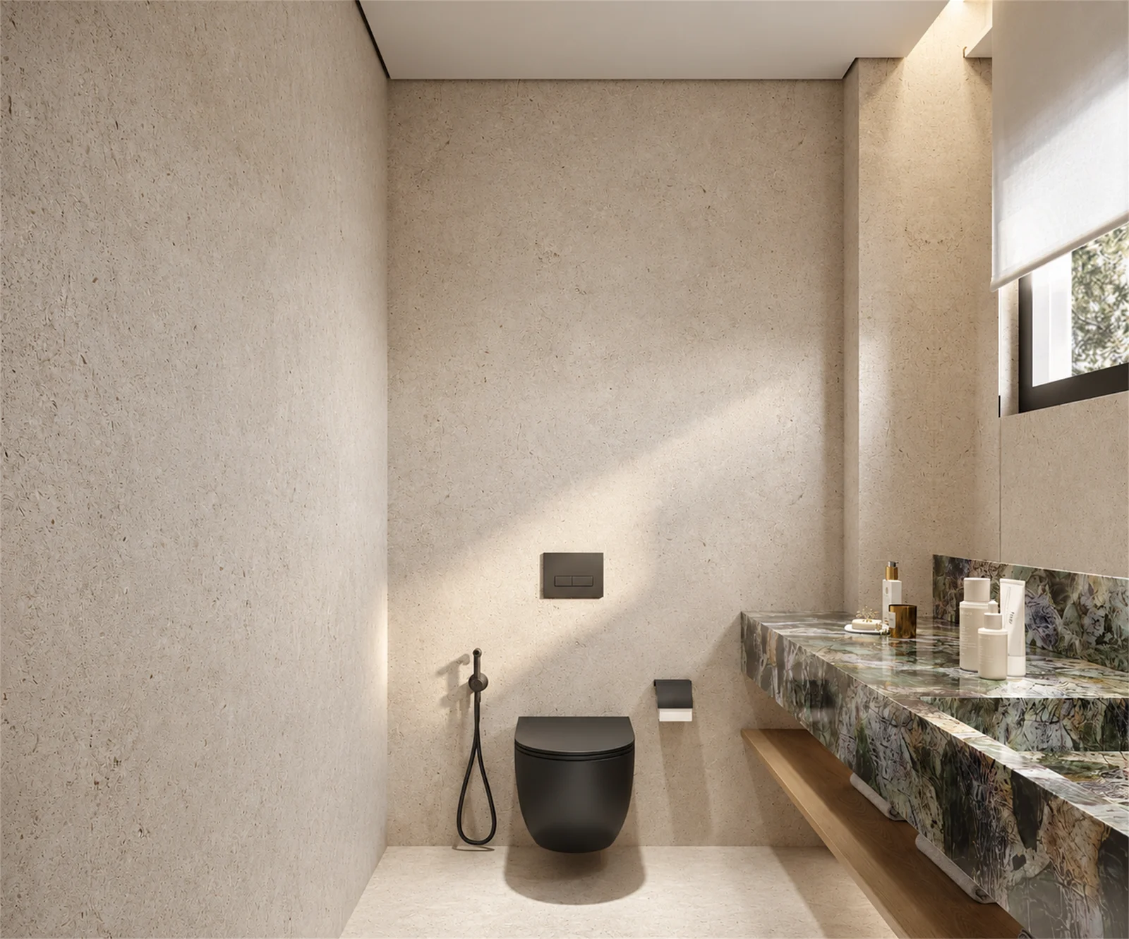 Family washroom with a floating basin & dark fittings