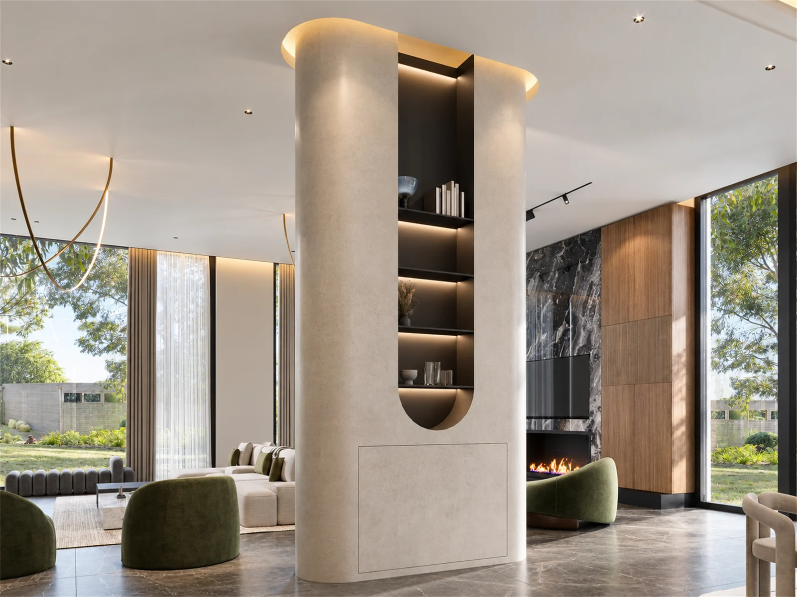 Sculptural column with illuminated shelving