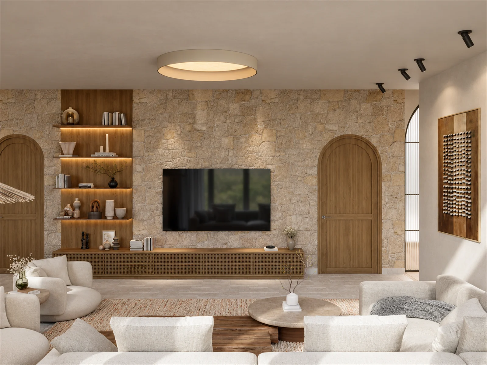 Family lounge TV wall & arched timber doors