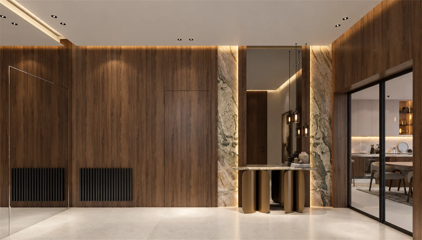 Entrance console and tall mirror framed by veined stone and warm timber panels
