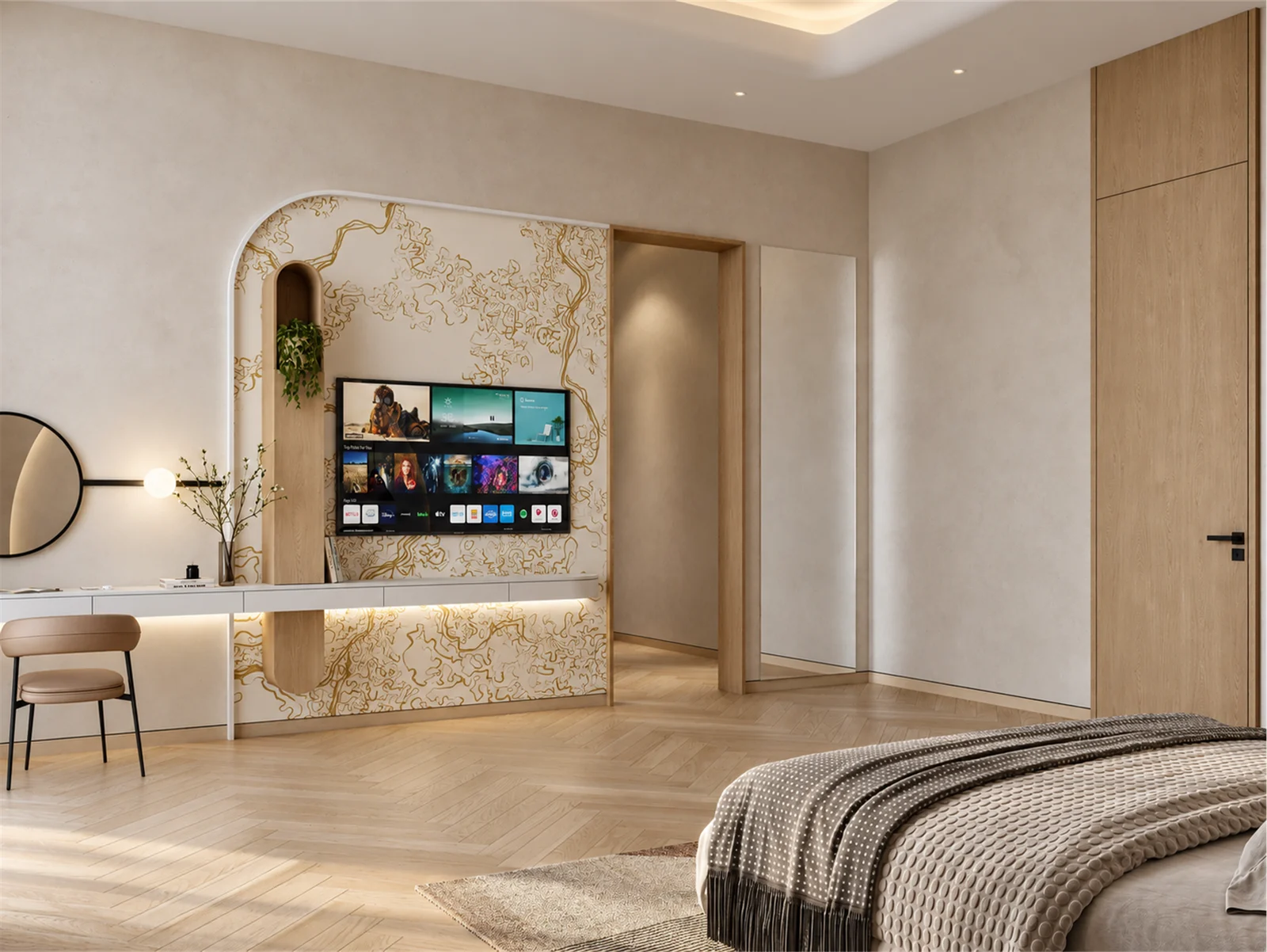 Integrated dressing table beneath an arched TV surround