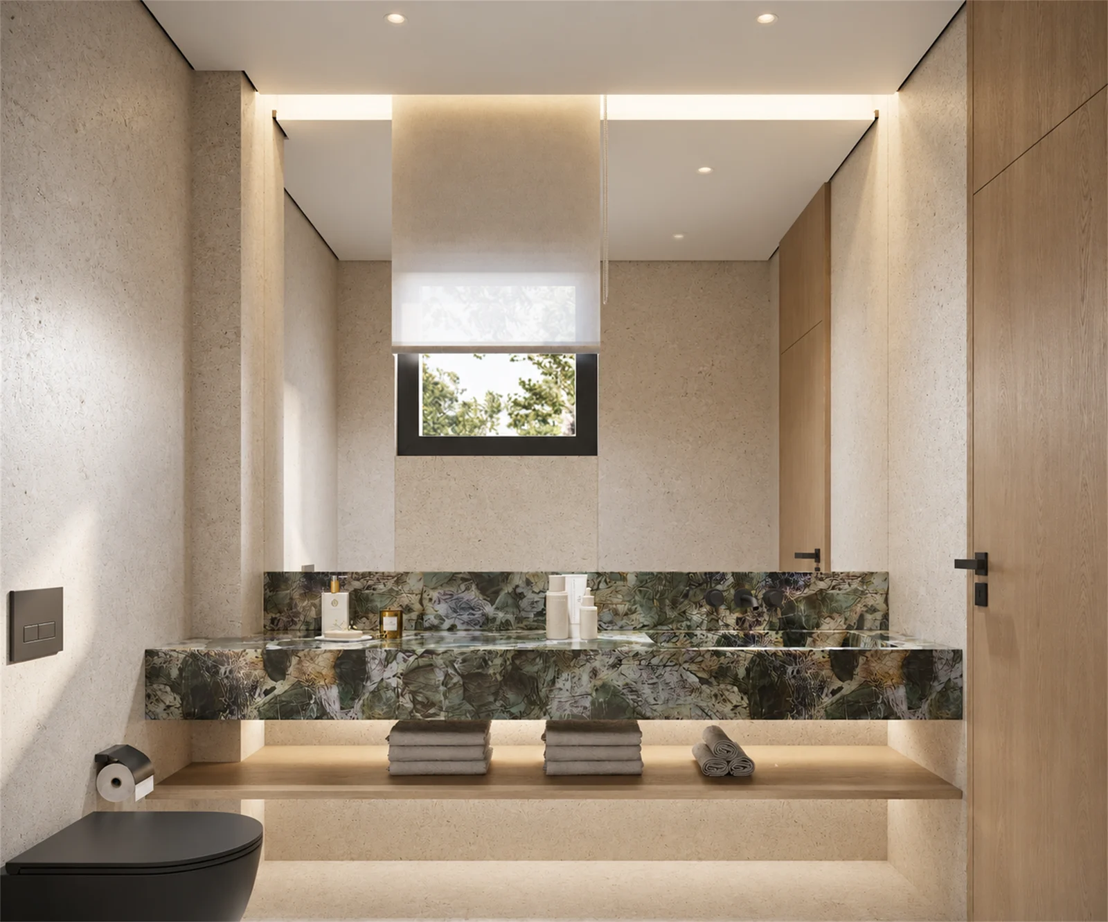 Family washroom vanity with expressive stone-patterned surfaces