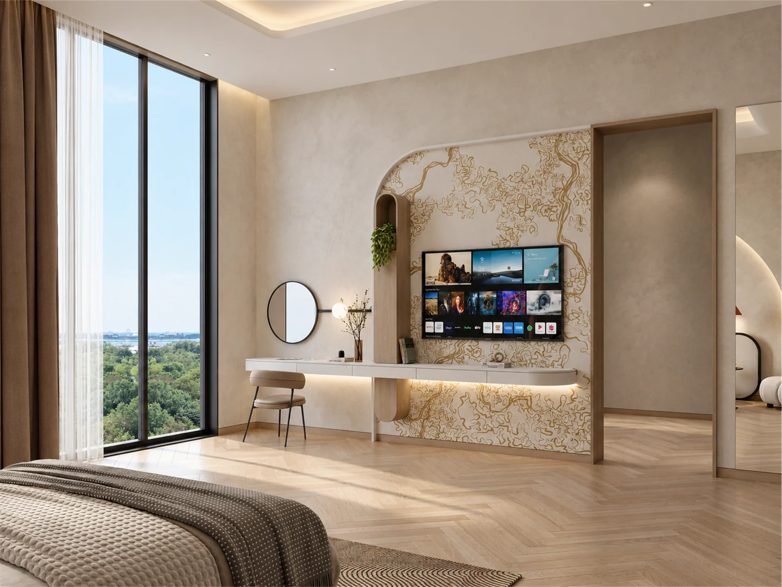Bedroom dressing table & patterned TV feature beside the window