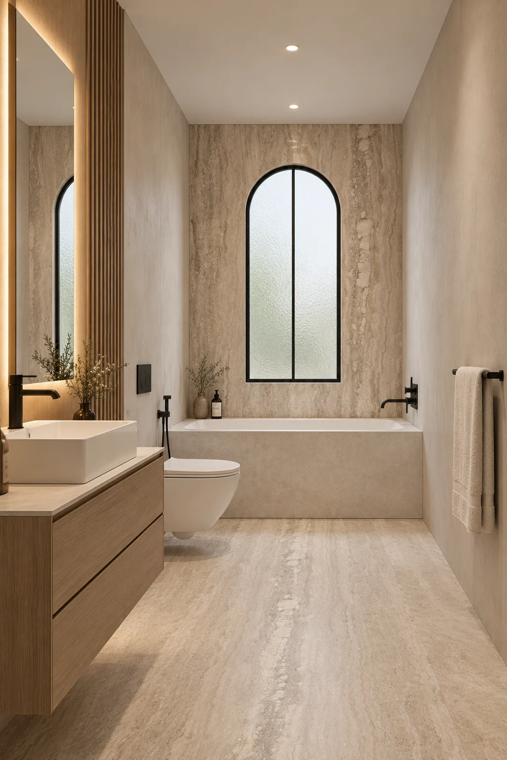 Bathroom with a built-in bath & an arched window