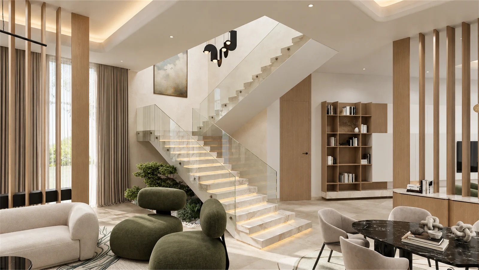 Illuminated staircase framed by vertical timber screens