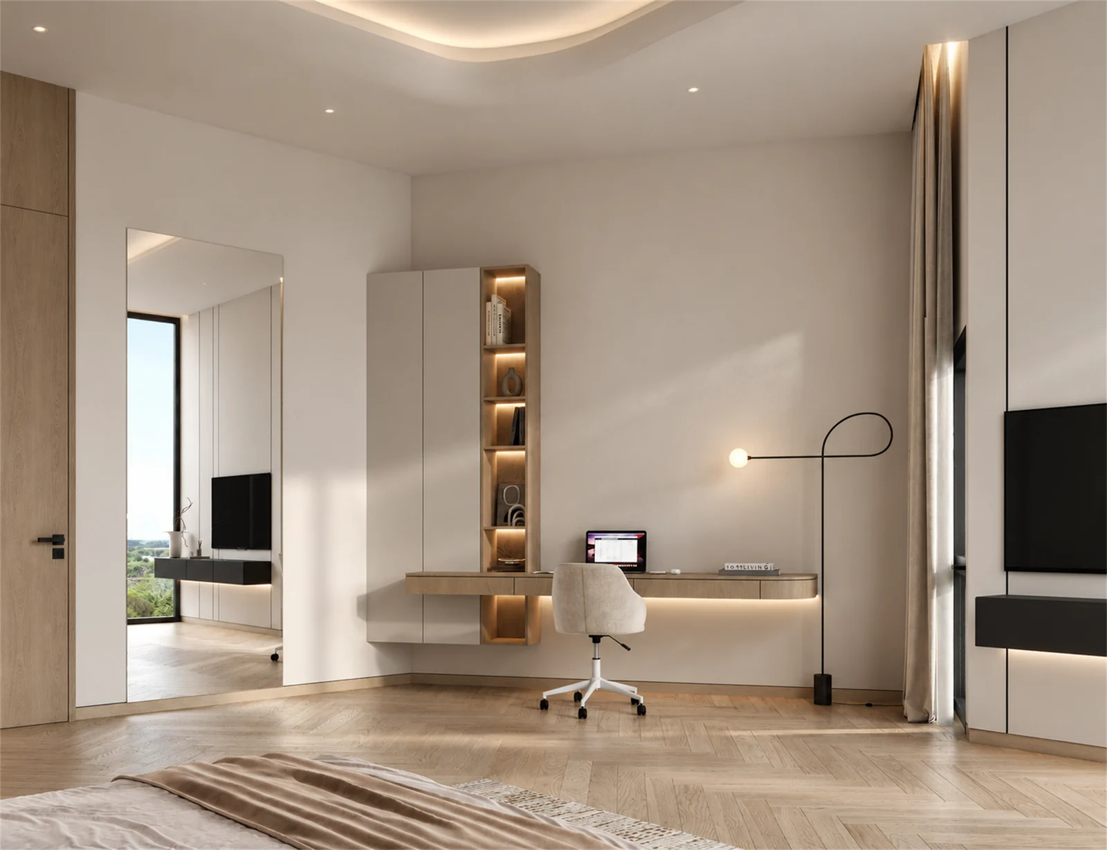 Floating bedroom desk with integrated display storage