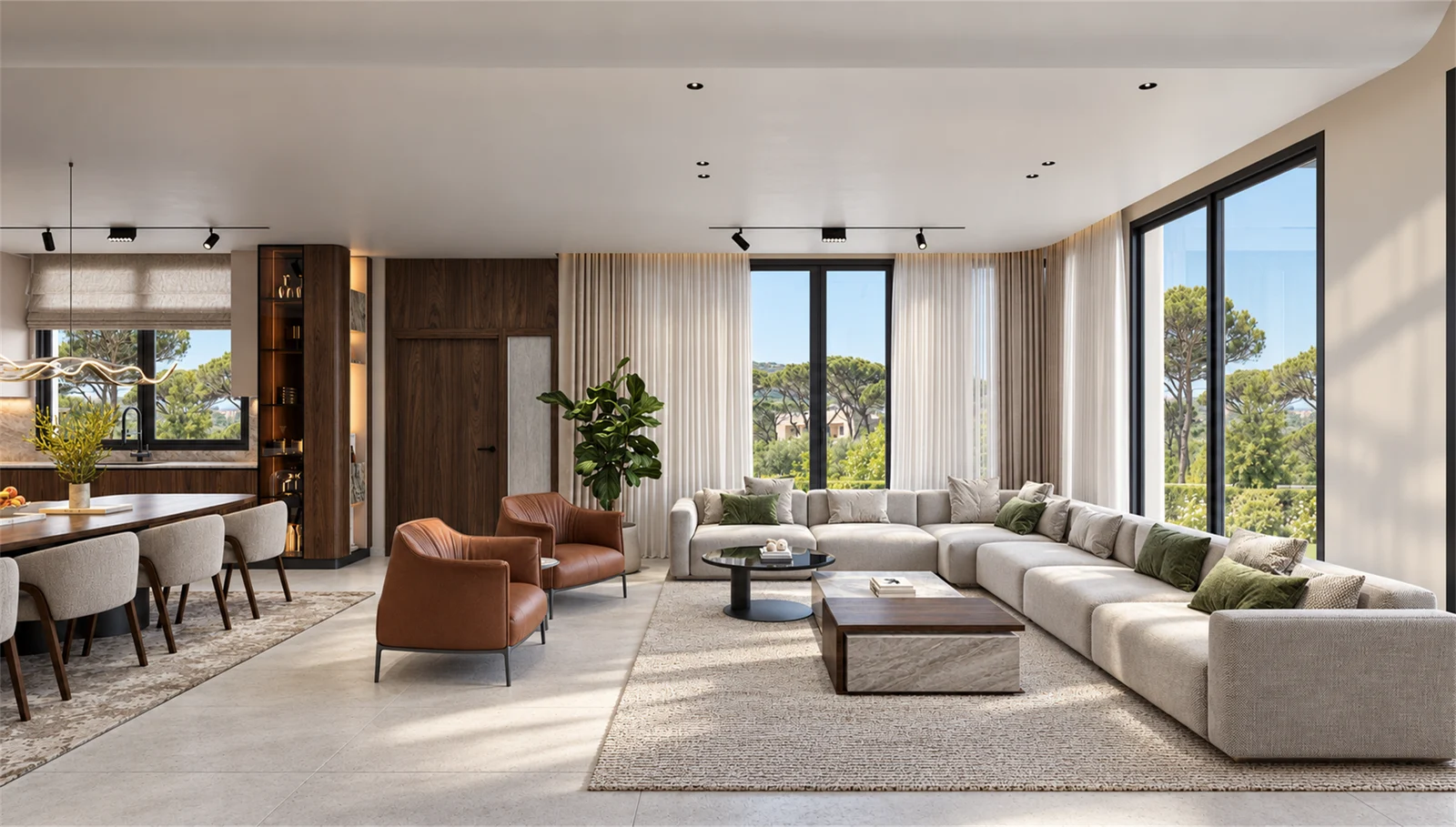 Ground-floor overview with a generous corner sofa and tall garden-facing windows