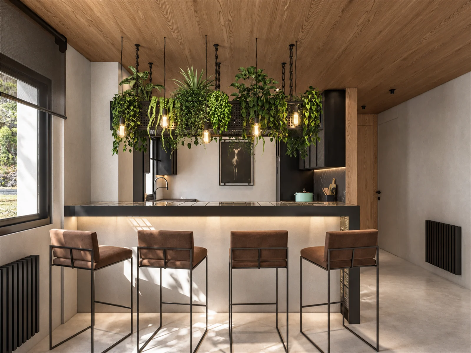 Breakfast bar with leather-toned stools beneath a suspended planter and pendant lights
