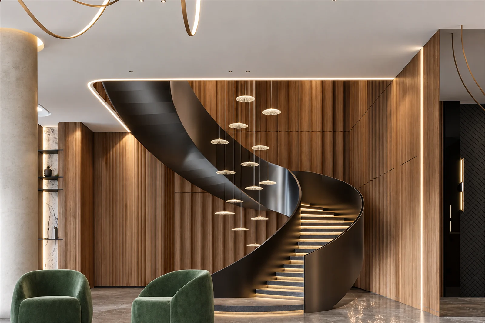 Spiral staircase & cascading pendant lights