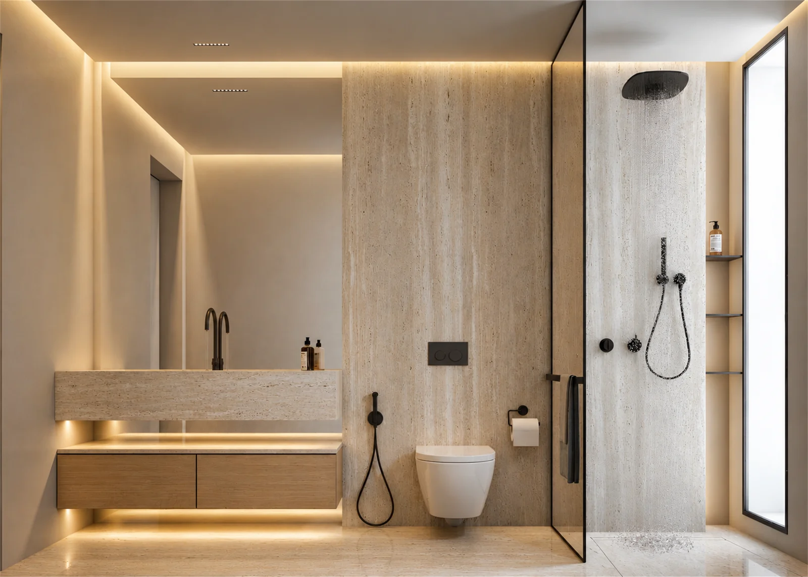 Stone-toned bathroom & softly lit vanity