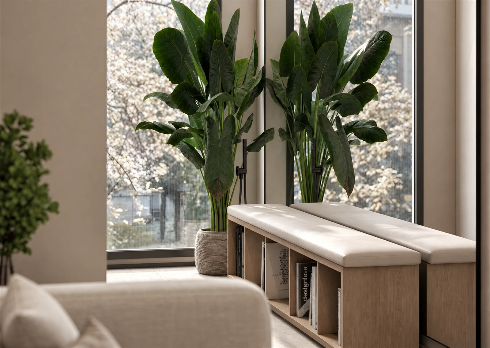 Window bench with open book storage