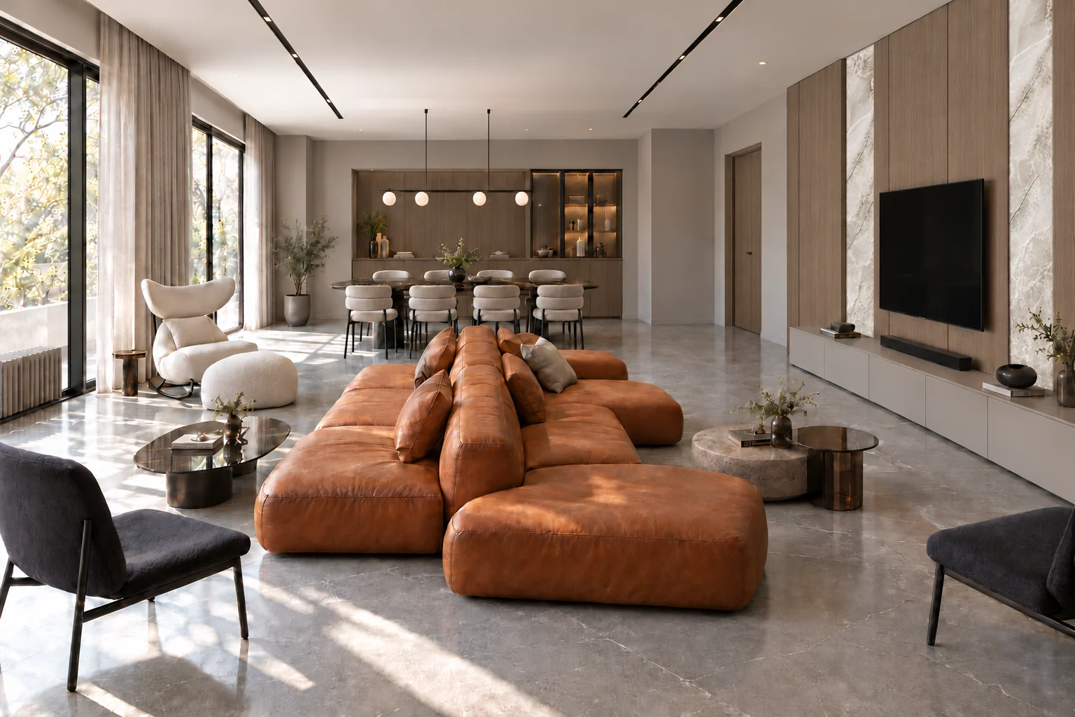 Option 1 — Cognac seating & connected dining area