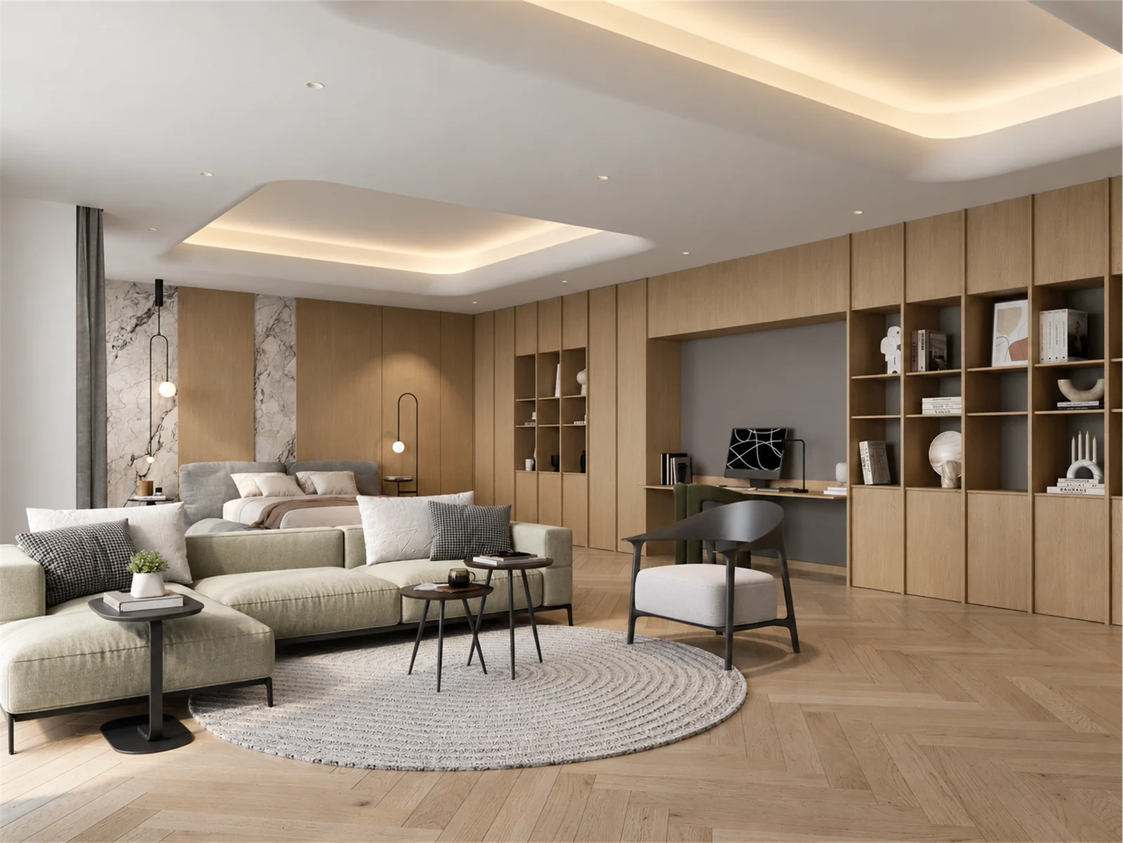 Main suite seating & timber shelving around the desk