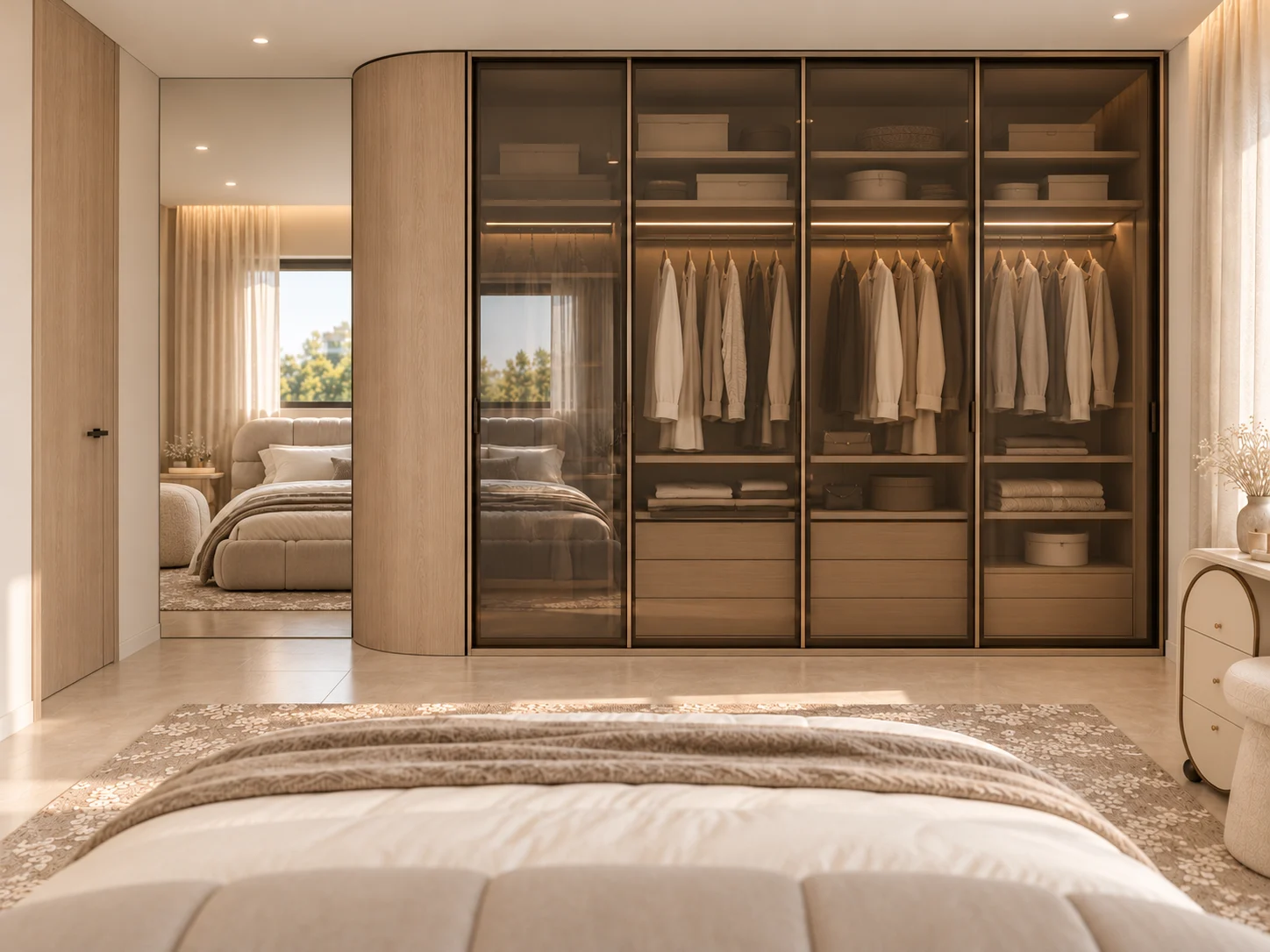 Illuminated glass-front wardrobes & a full-height bedroom mirror