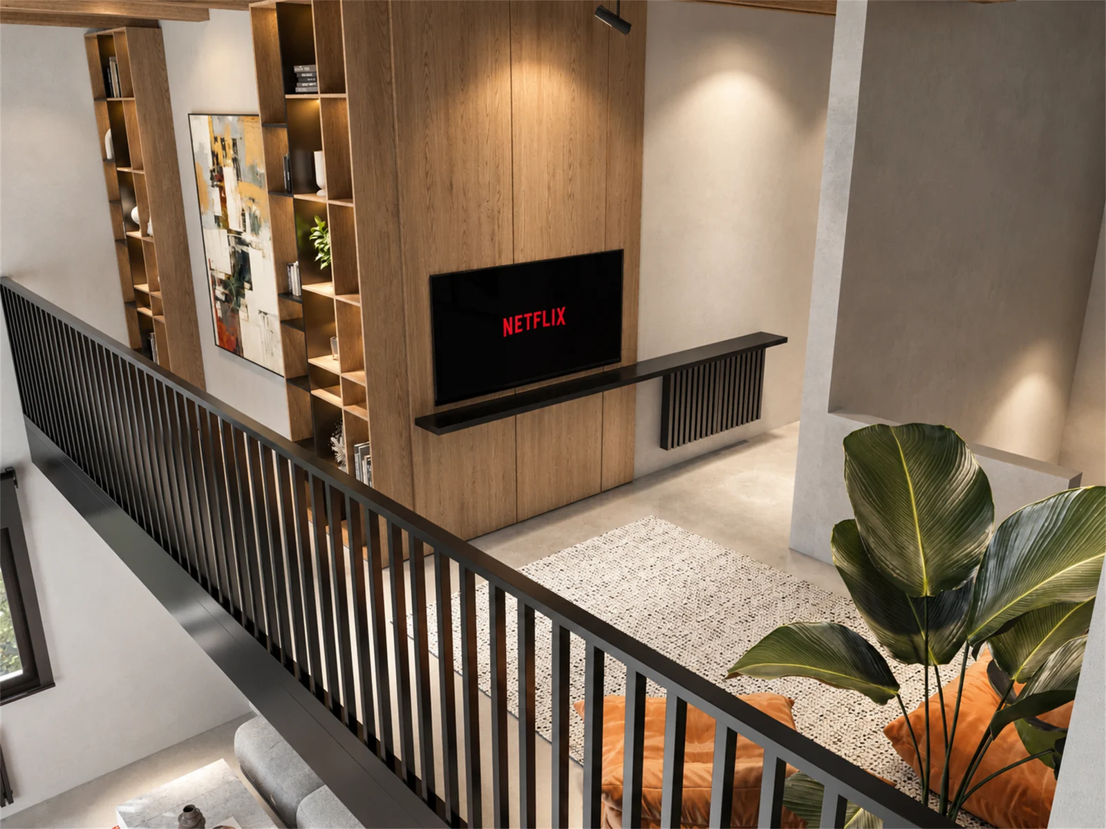 View from the mezzanine toward the timber-clad television wall below