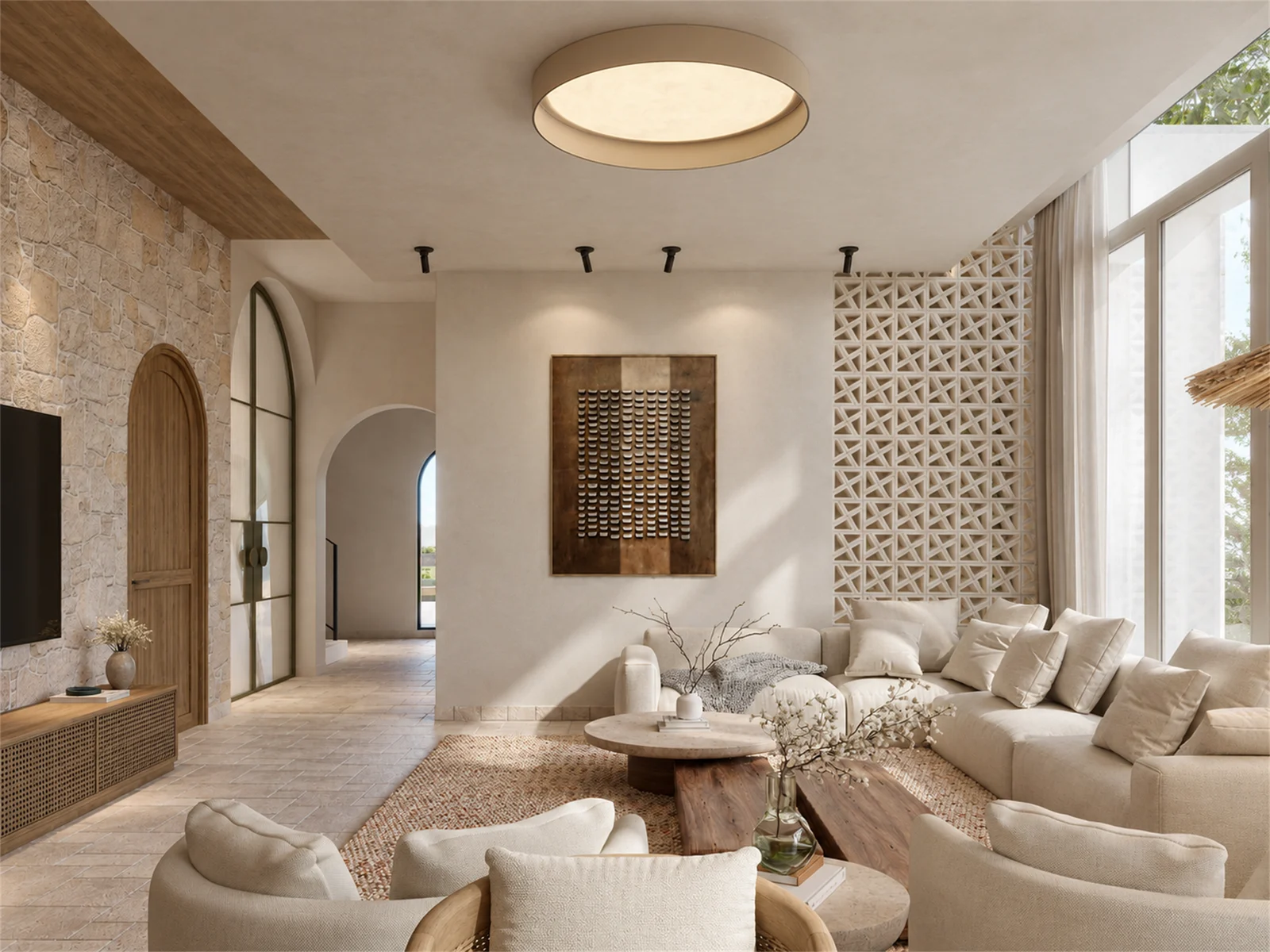 Family lounge with stone walls & patterned screen