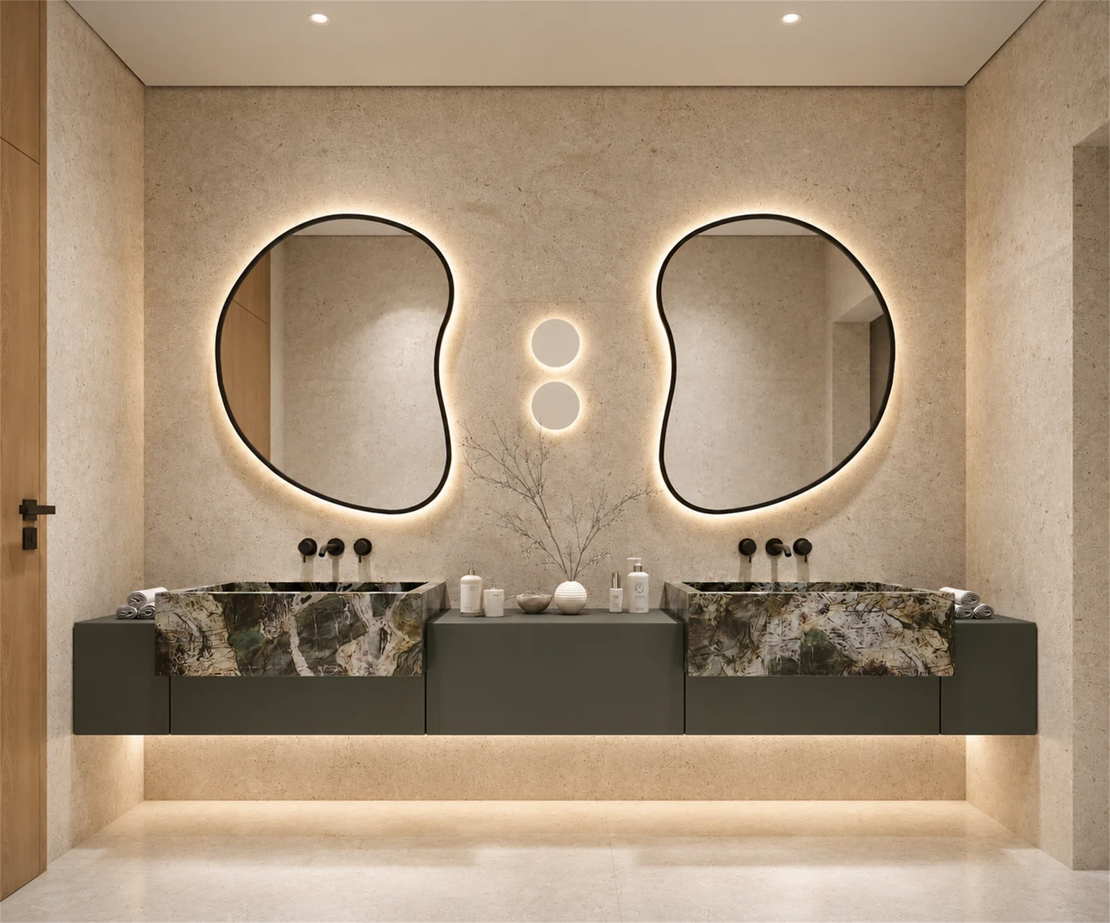 Family washroom with twin basins & organic backlit mirrors