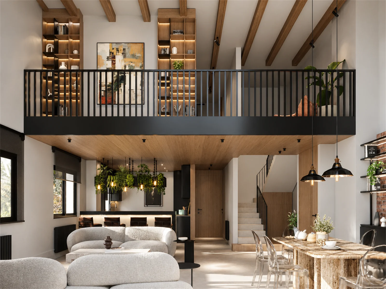 View across the living area toward the kitchen and open mezzanine