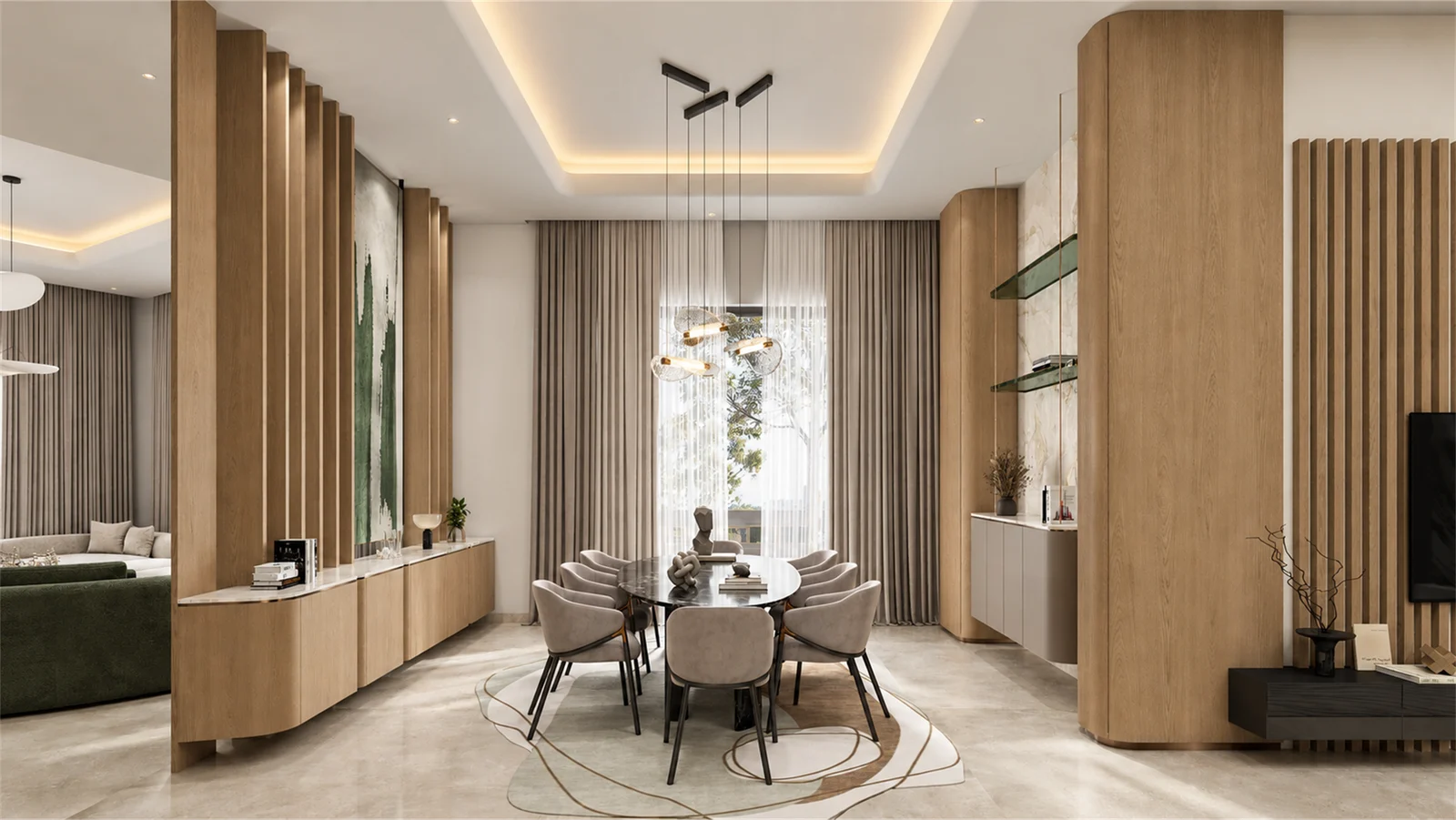 Dining area with timber screens & suspended lighting