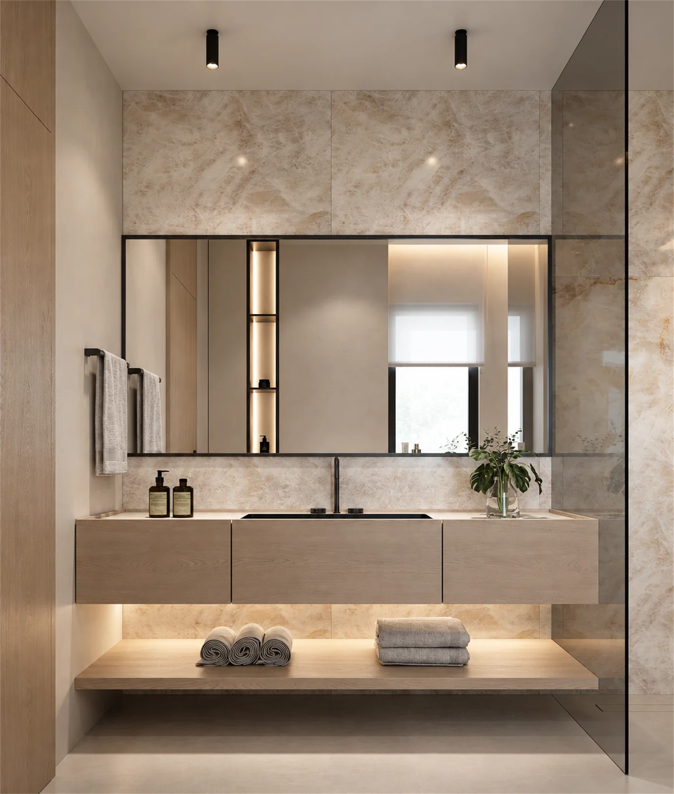 Bedroom bathroom with a floating vanity & illuminated lower shelf
